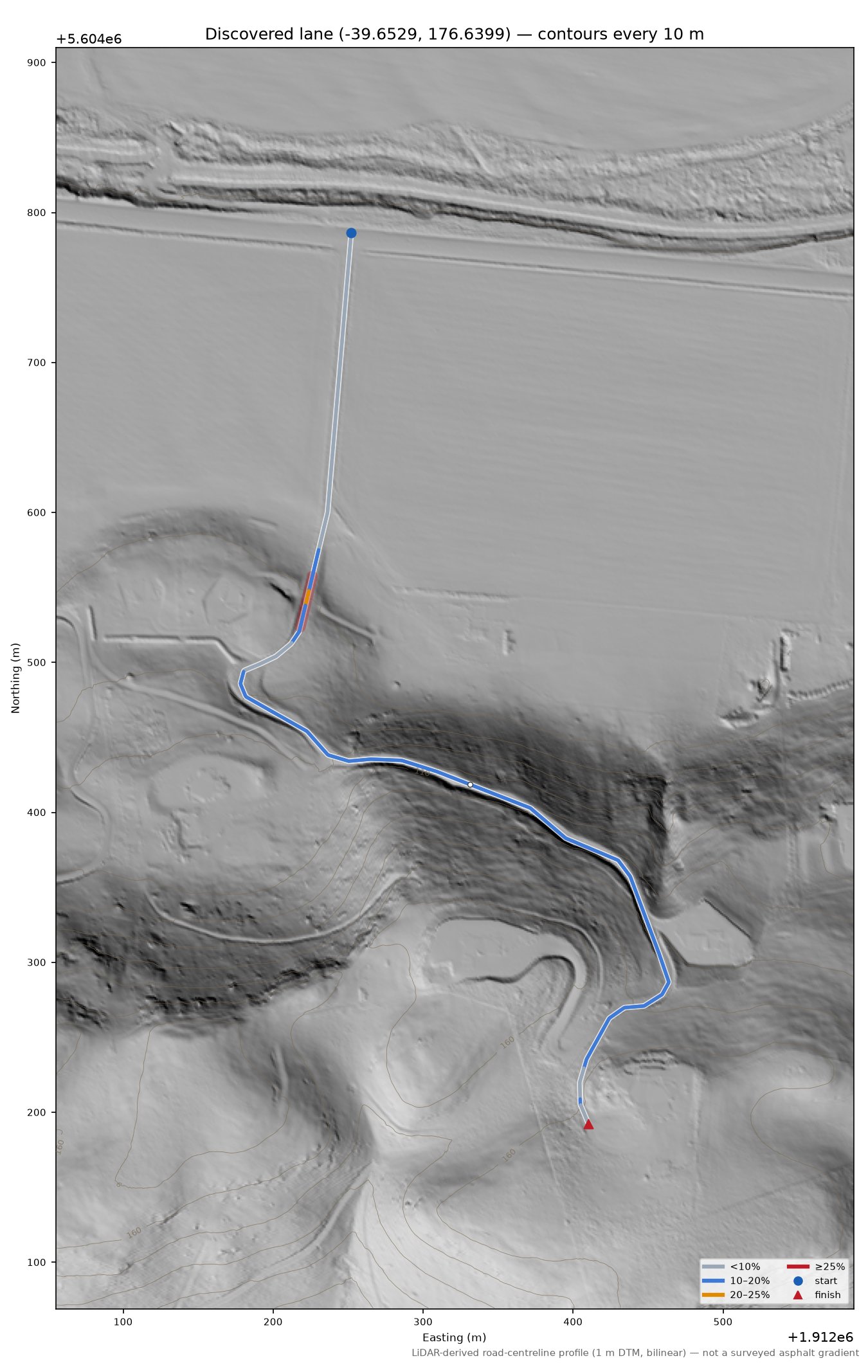 Discovered lane (-39.6529, 176.6399) LiDAR hillshade map with contours