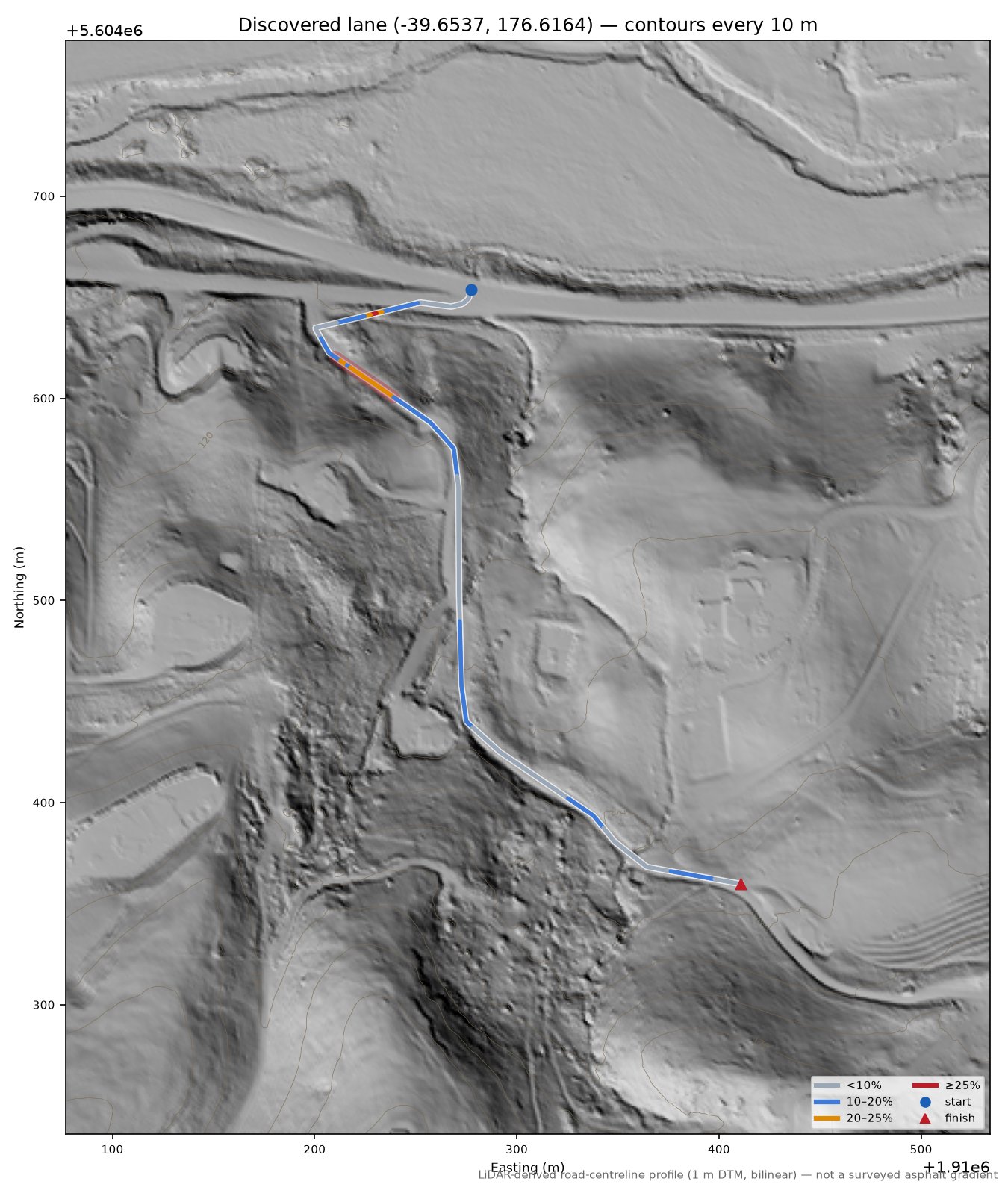 Discovered lane (-39.6537, 176.6164) LiDAR hillshade map with contours