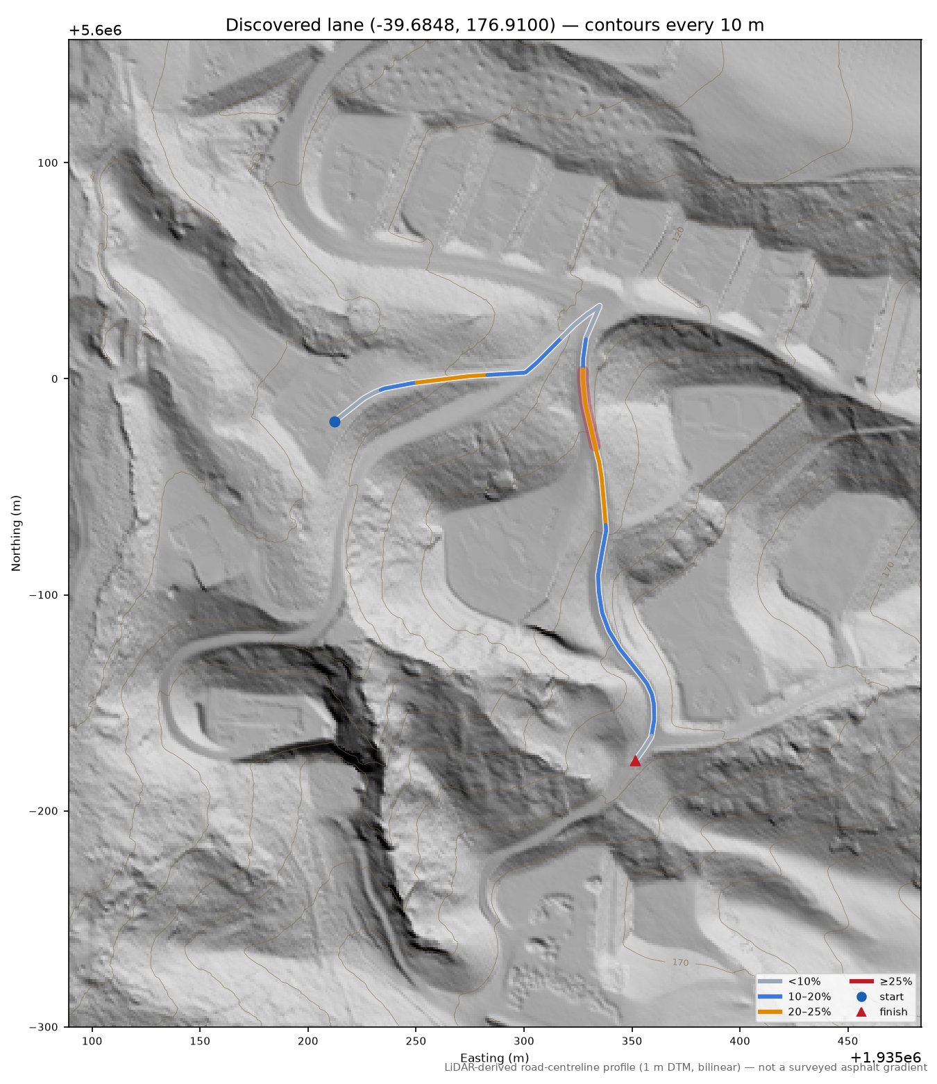 Discovered lane (-39.6848, 176.9100) LiDAR hillshade map with contours