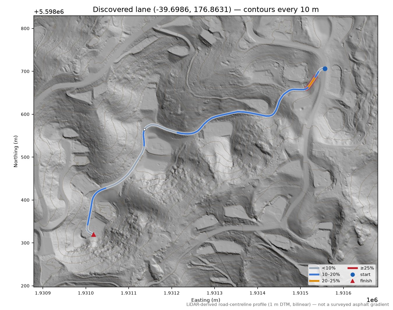 Discovered lane (-39.6986, 176.8631) LiDAR hillshade map with contours