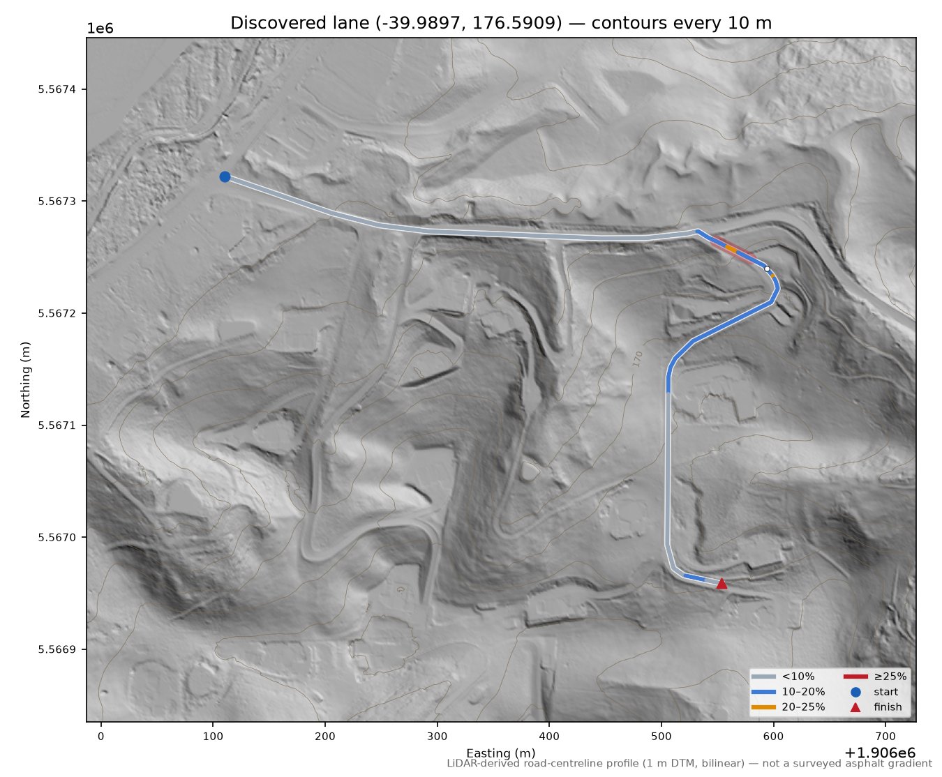 Discovered lane (-39.9897, 176.5909) LiDAR hillshade map with contours