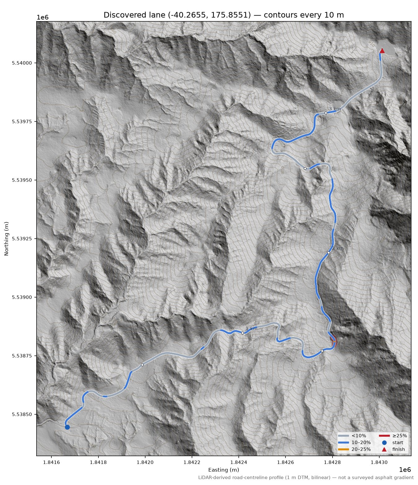 Discovered lane (-40.2655, 175.8551) LiDAR hillshade map with contours