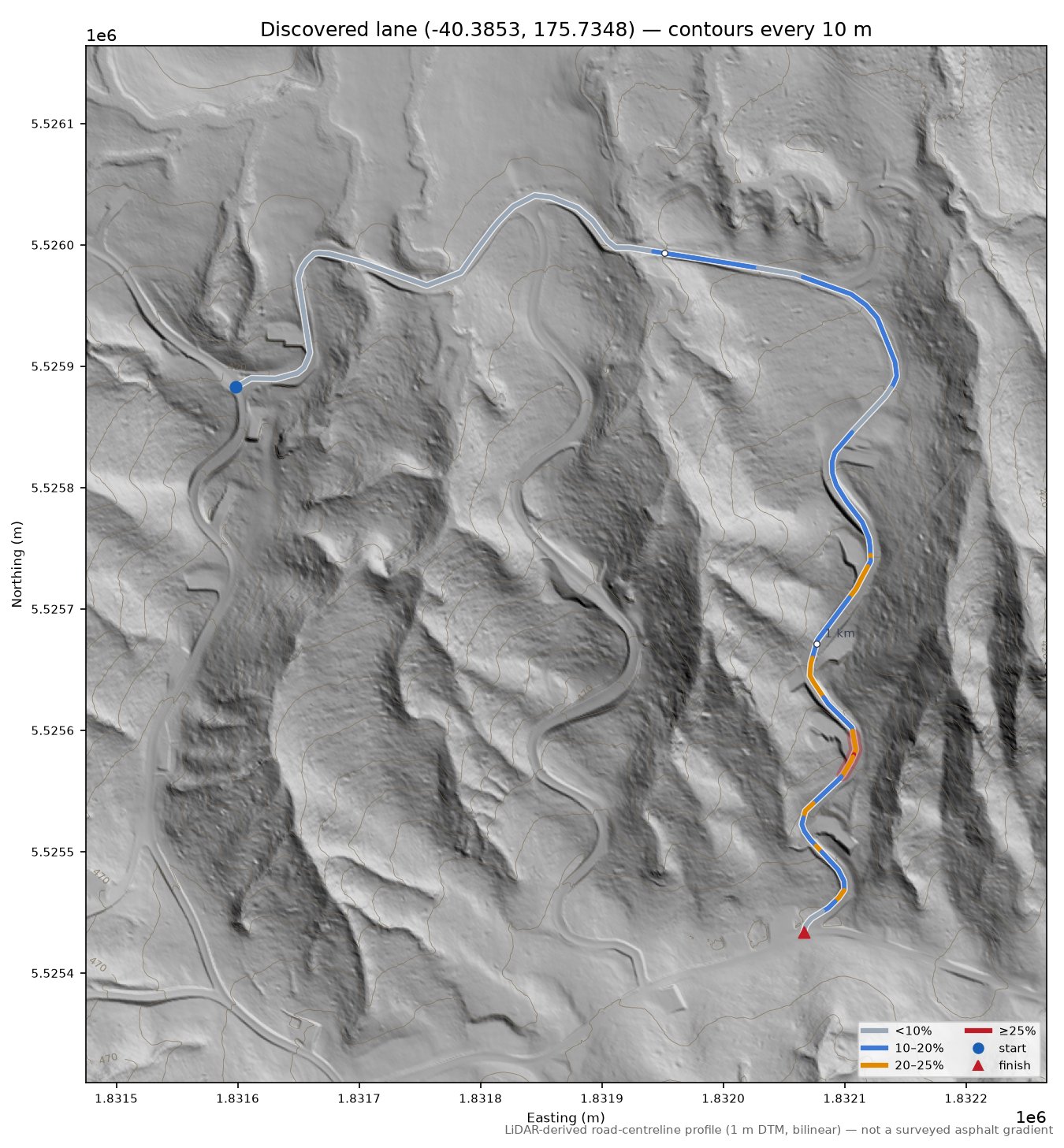 Discovered lane (-40.3853, 175.7348) LiDAR hillshade map with contours