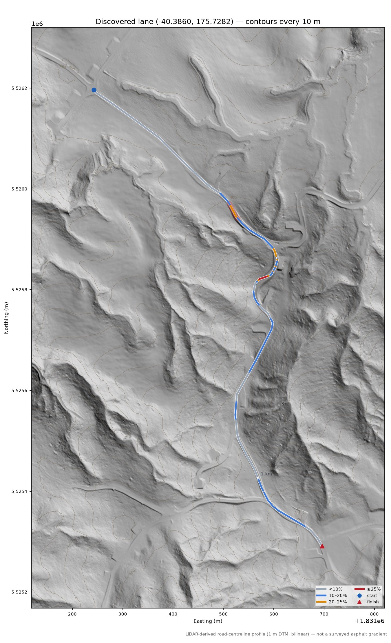 Discovered lane (-40.3860, 175.7282) LiDAR hillshade map with contours