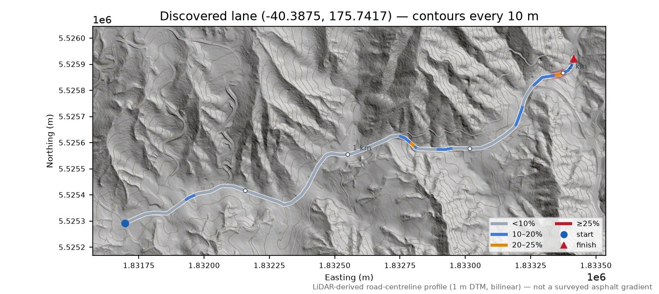 Discovered lane (-40.3875, 175.7417) LiDAR hillshade map with contours