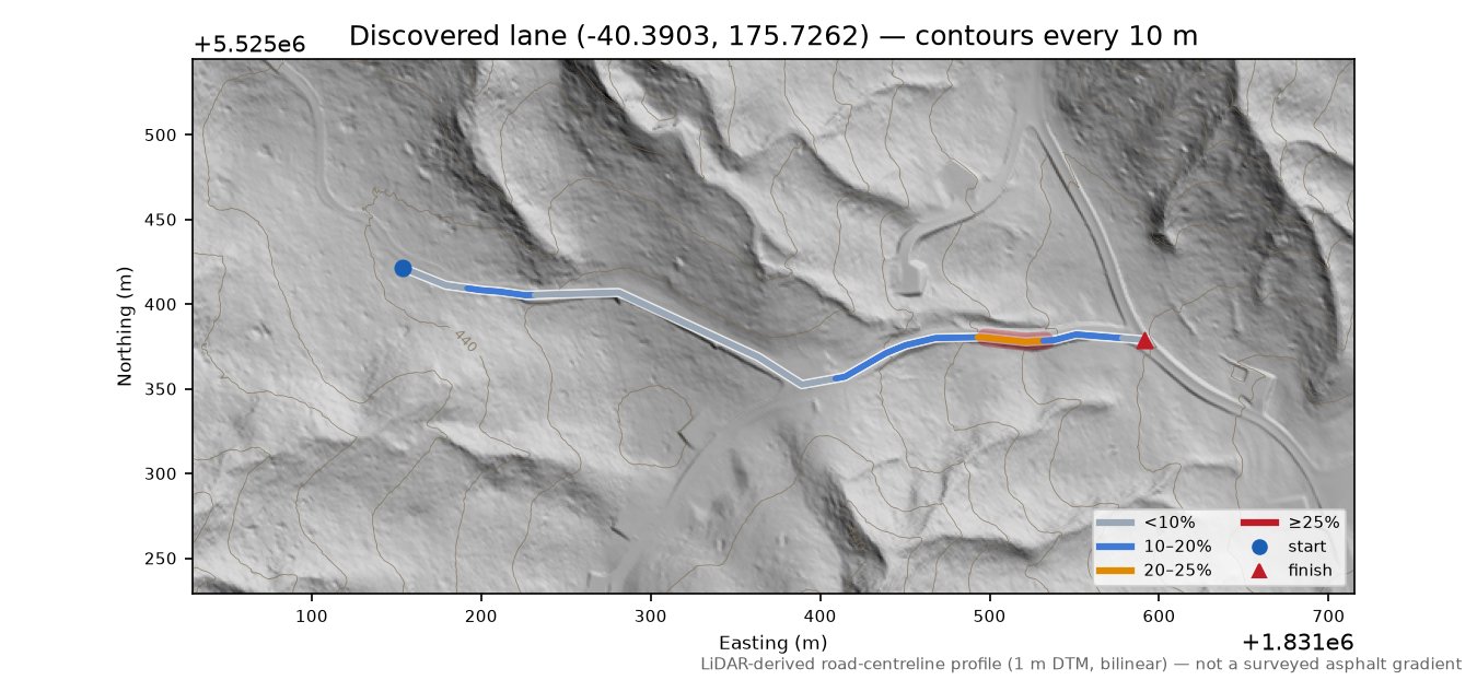 Discovered lane (-40.3903, 175.7262) LiDAR hillshade map with contours