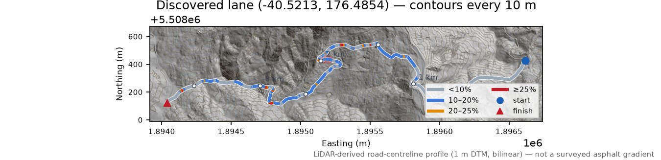 Discovered lane (-40.5213, 176.4854) LiDAR hillshade map with contours