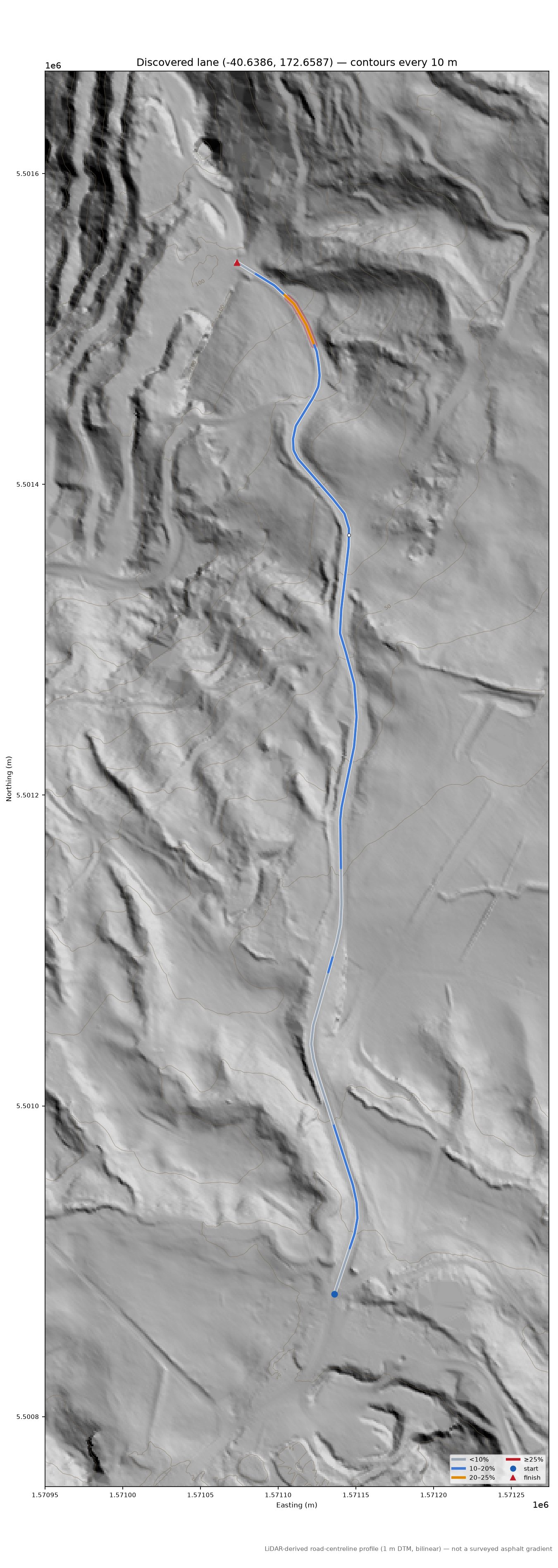 Discovered lane (-40.6386, 172.6587) LiDAR hillshade map with contours