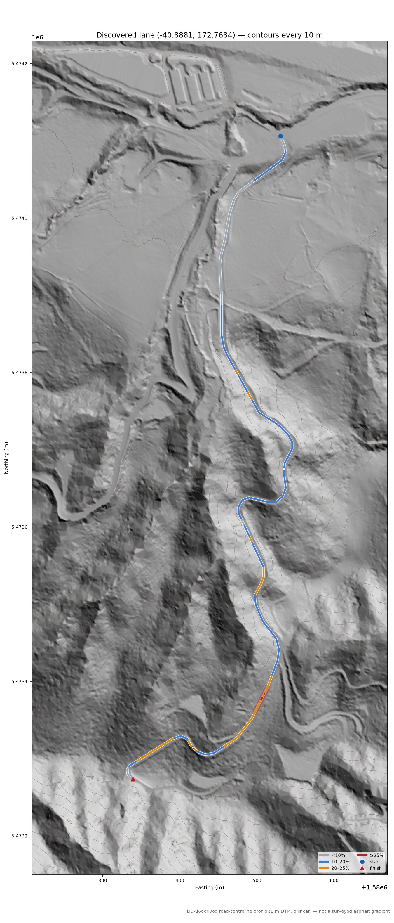 Discovered lane (-40.8881, 172.7684) LiDAR hillshade map with contours