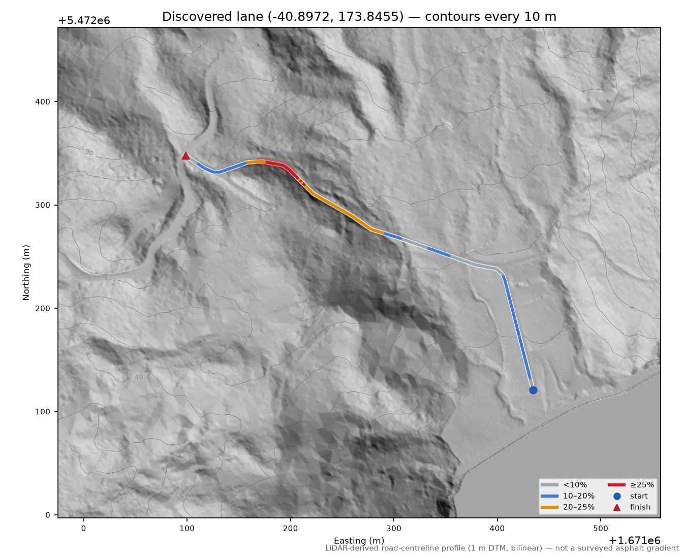 Discovered lane (-40.8972, 173.8455) LiDAR hillshade map with contours