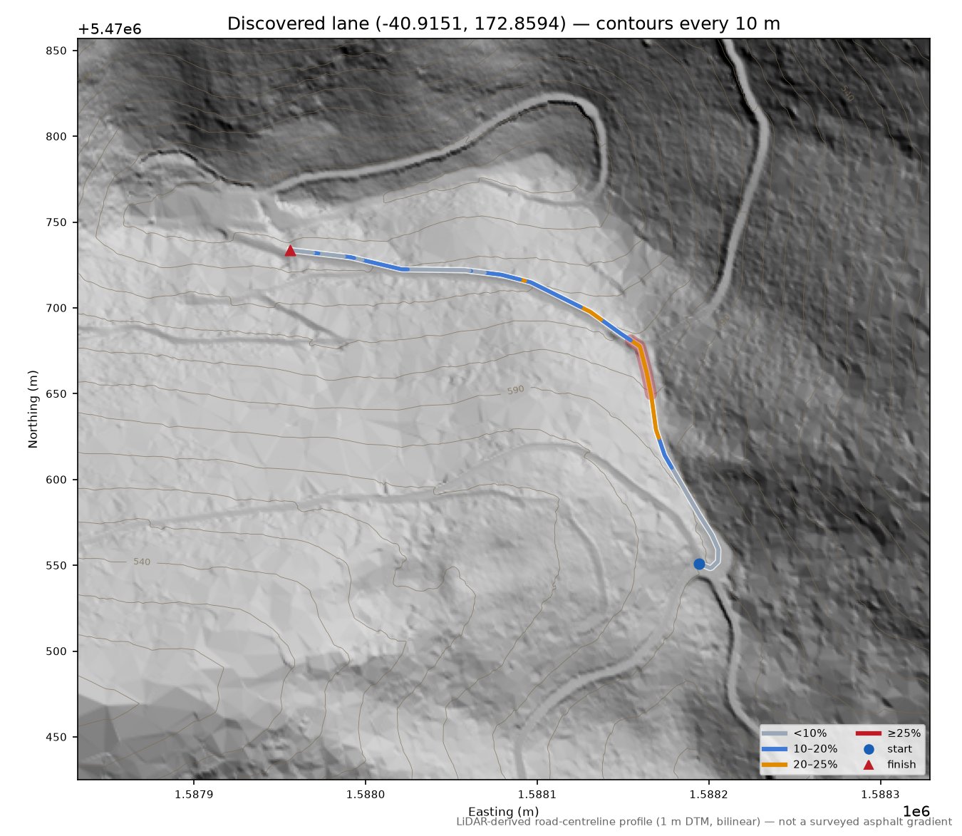 Discovered lane (-40.9151, 172.8594) LiDAR hillshade map with contours