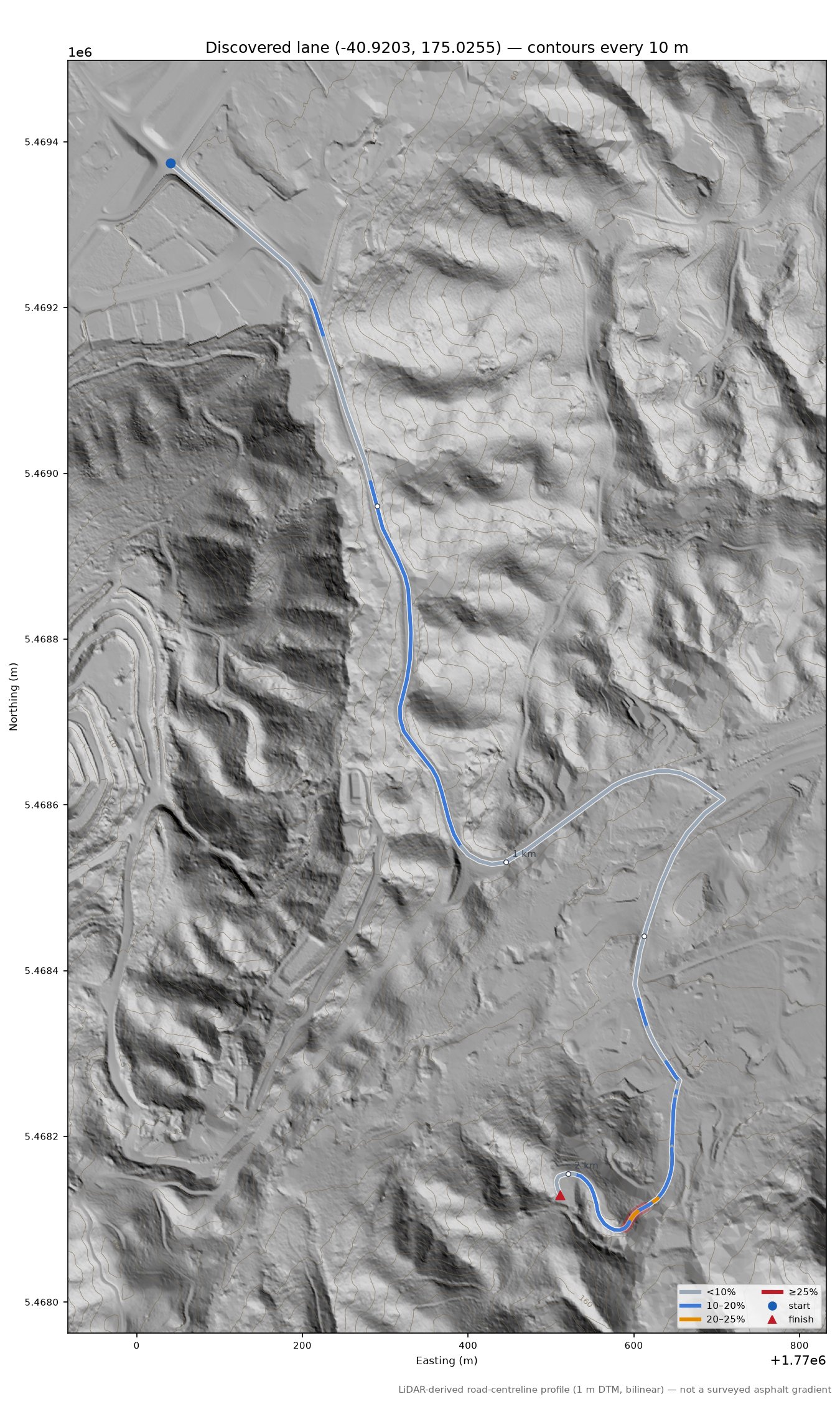 Discovered lane (-40.9203, 175.0255) LiDAR hillshade map with contours