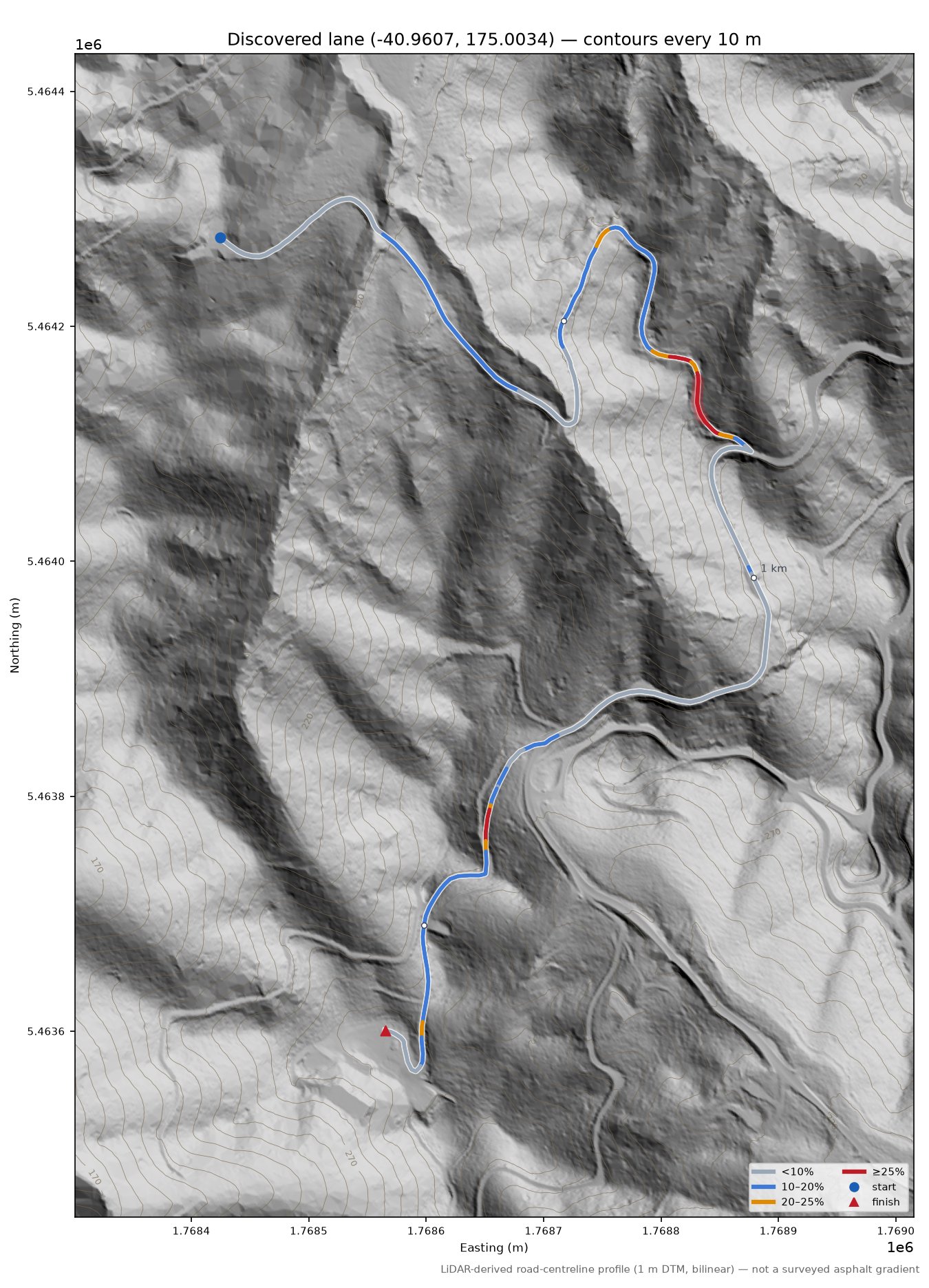 Discovered lane (-40.9607, 175.0034) LiDAR hillshade map with contours
