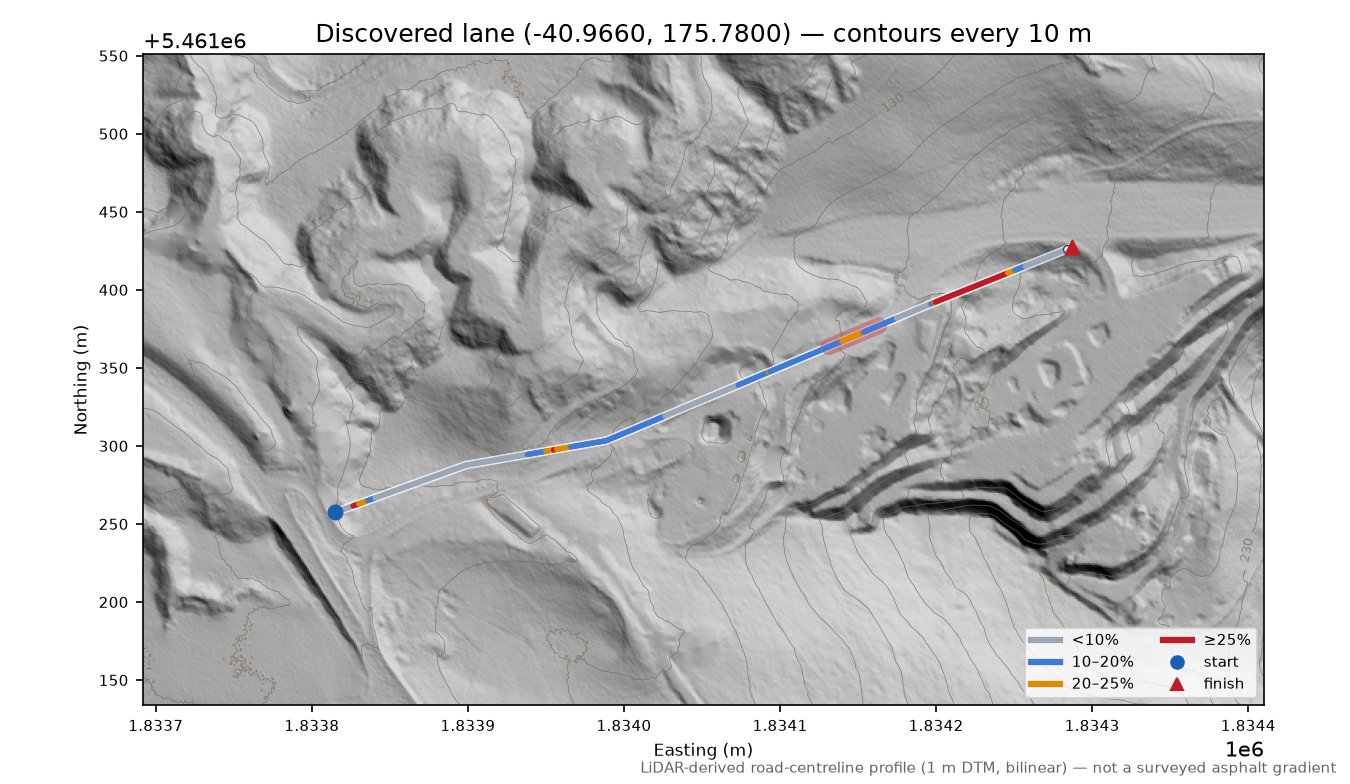 Discovered lane (-40.9660, 175.7800) LiDAR hillshade map with contours