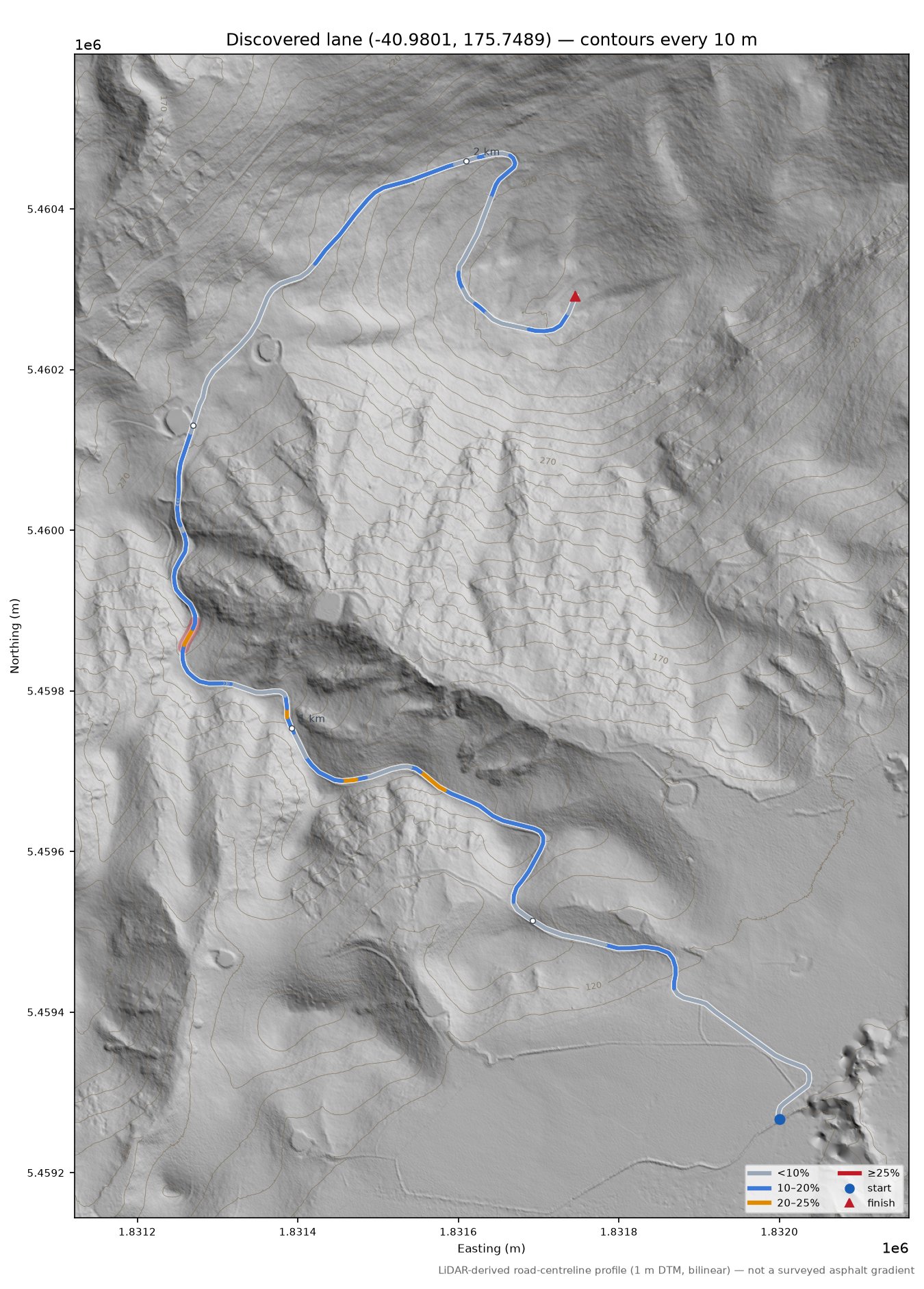 Discovered lane (-40.9801, 175.7489) LiDAR hillshade map with contours