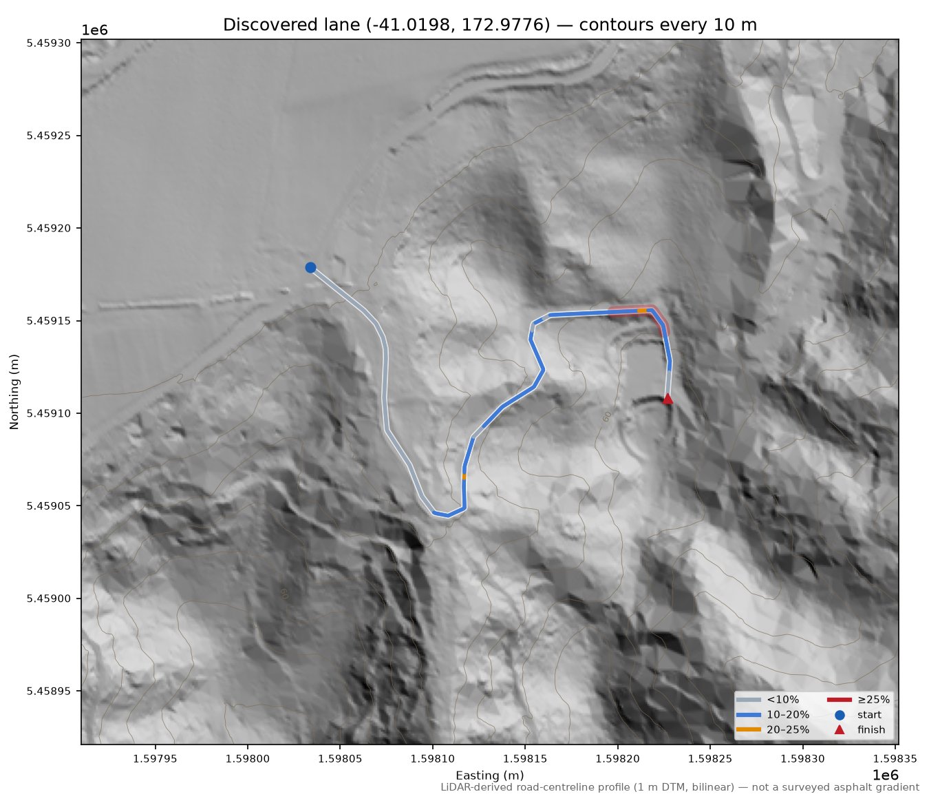 Discovered lane (-41.0198, 172.9776) LiDAR hillshade map with contours