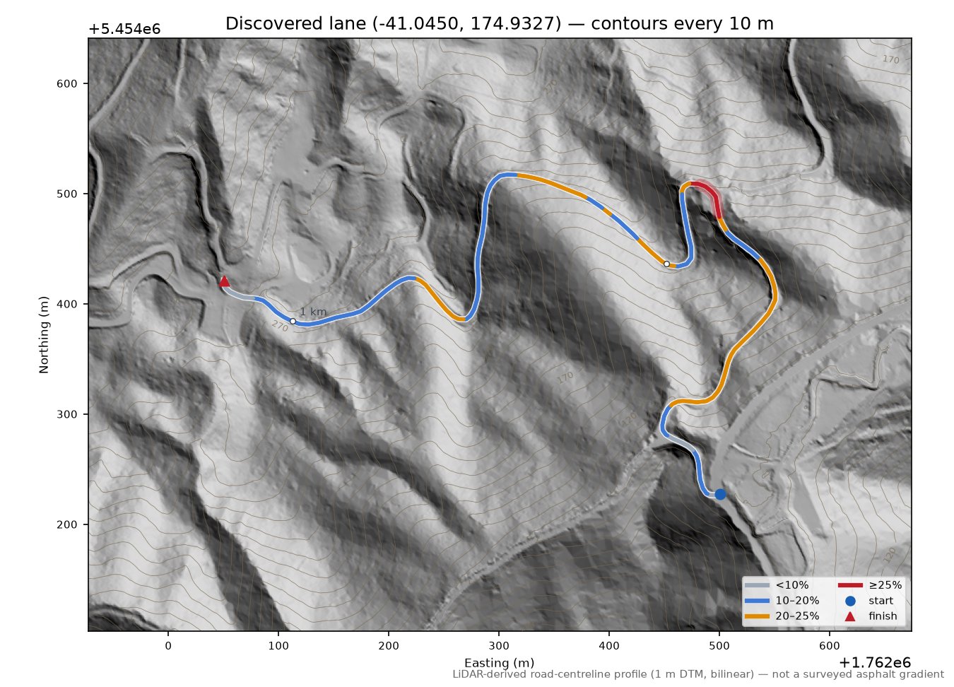 Discovered lane (-41.0450, 174.9327) LiDAR hillshade map with contours