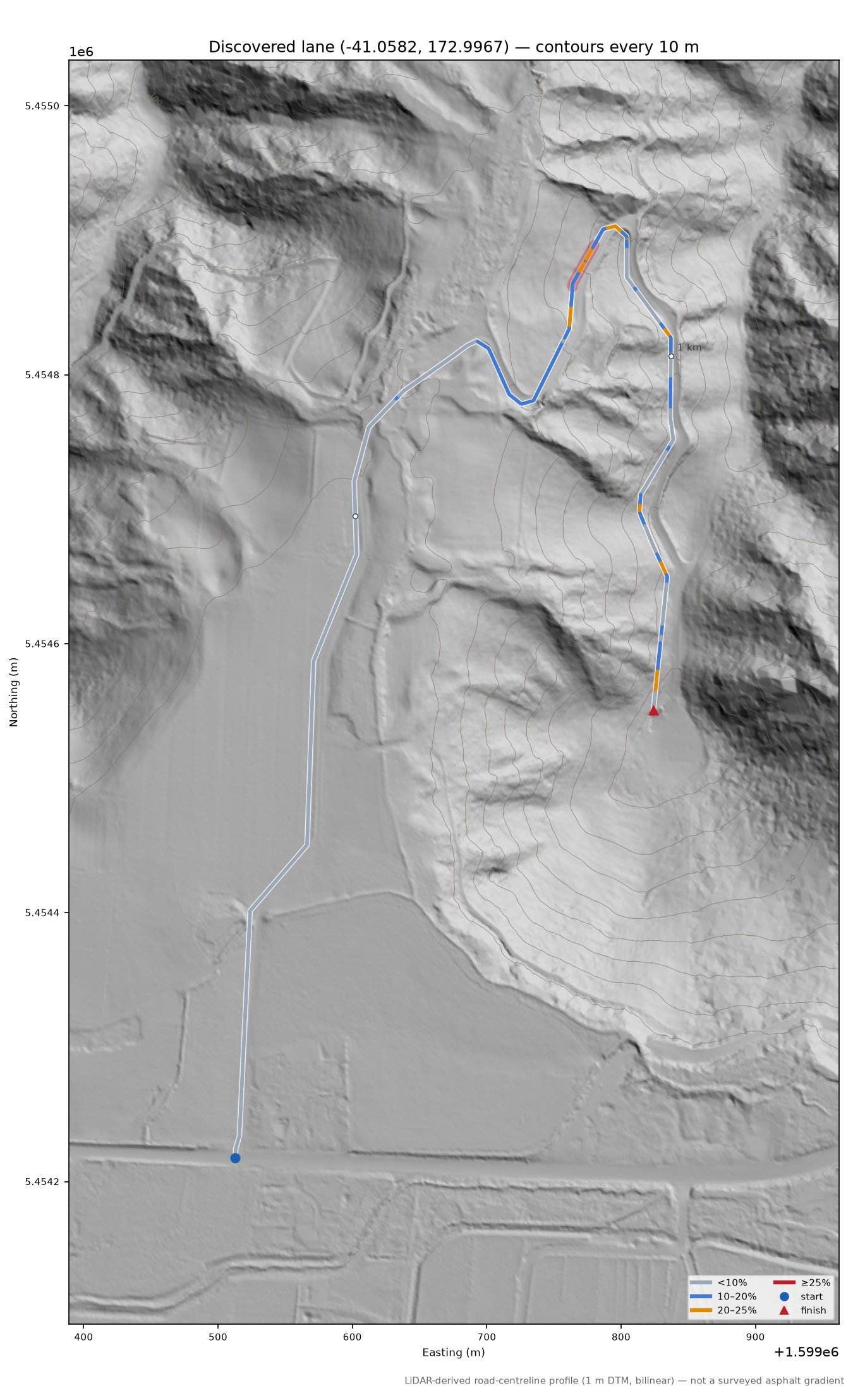 Discovered lane (-41.0582, 172.9967) LiDAR hillshade map with contours