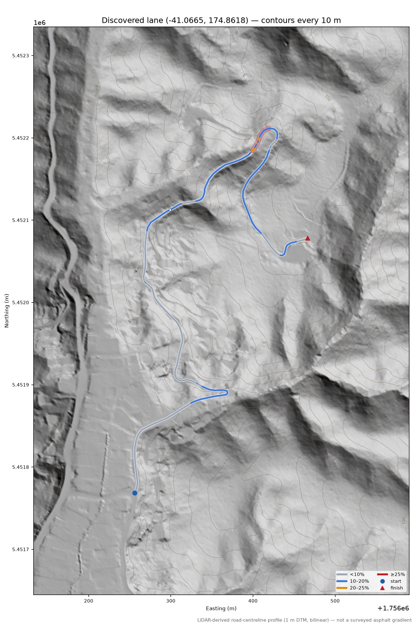 Discovered lane (-41.0665, 174.8618) LiDAR hillshade map with contours
