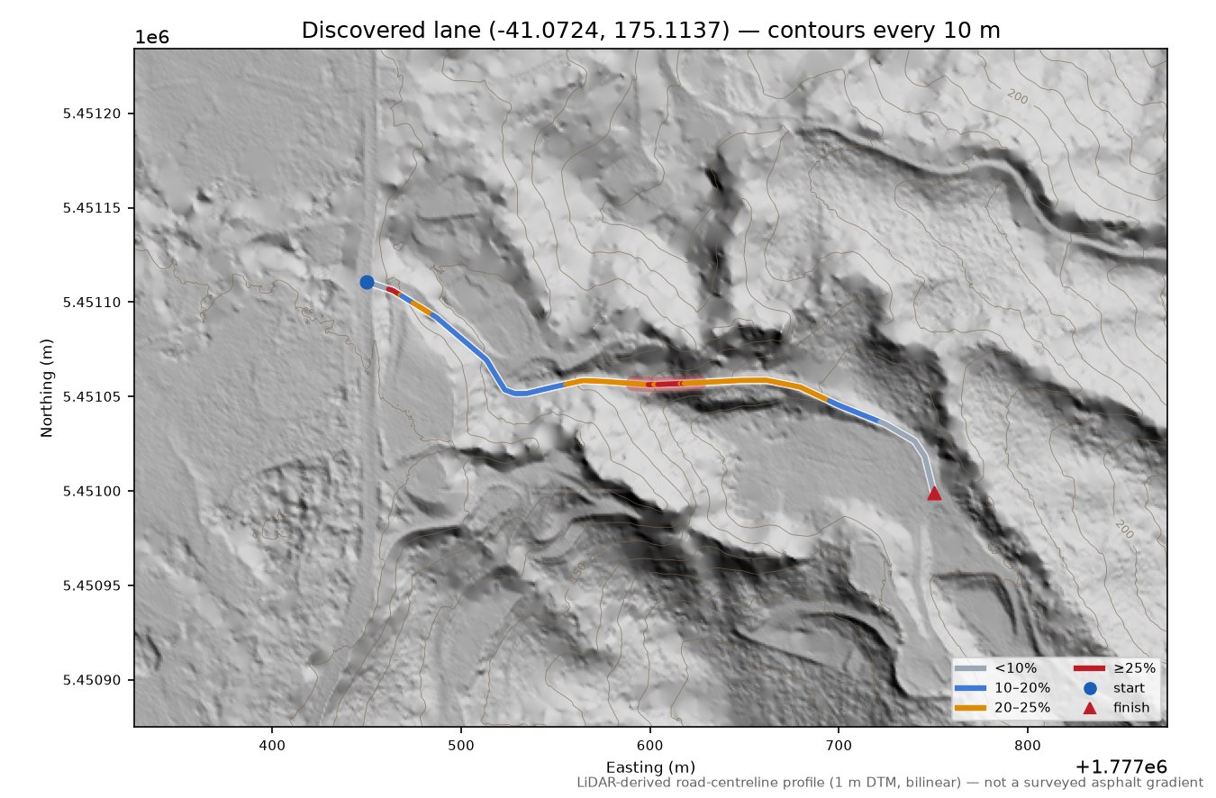 Discovered lane (-41.0724, 175.1137) LiDAR hillshade map with contours