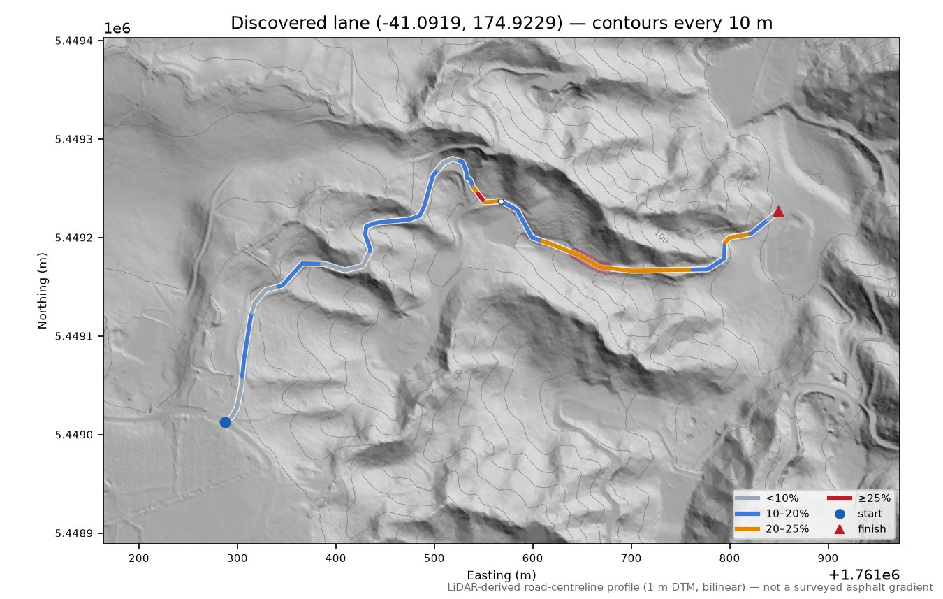 Discovered lane (-41.0919, 174.9229) LiDAR hillshade map with contours