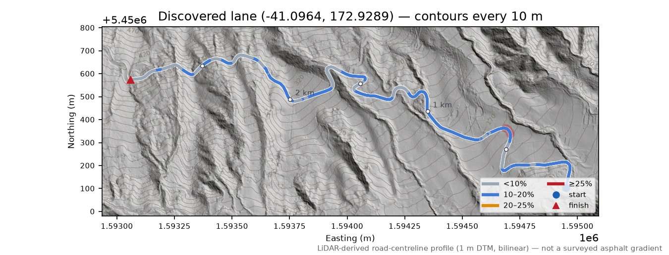 Discovered lane (-41.0964, 172.9289) LiDAR hillshade map with contours