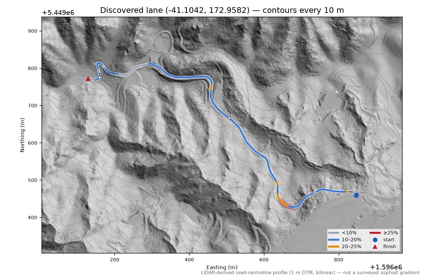 Discovered lane (-41.1042, 172.9582) LiDAR hillshade map with contours