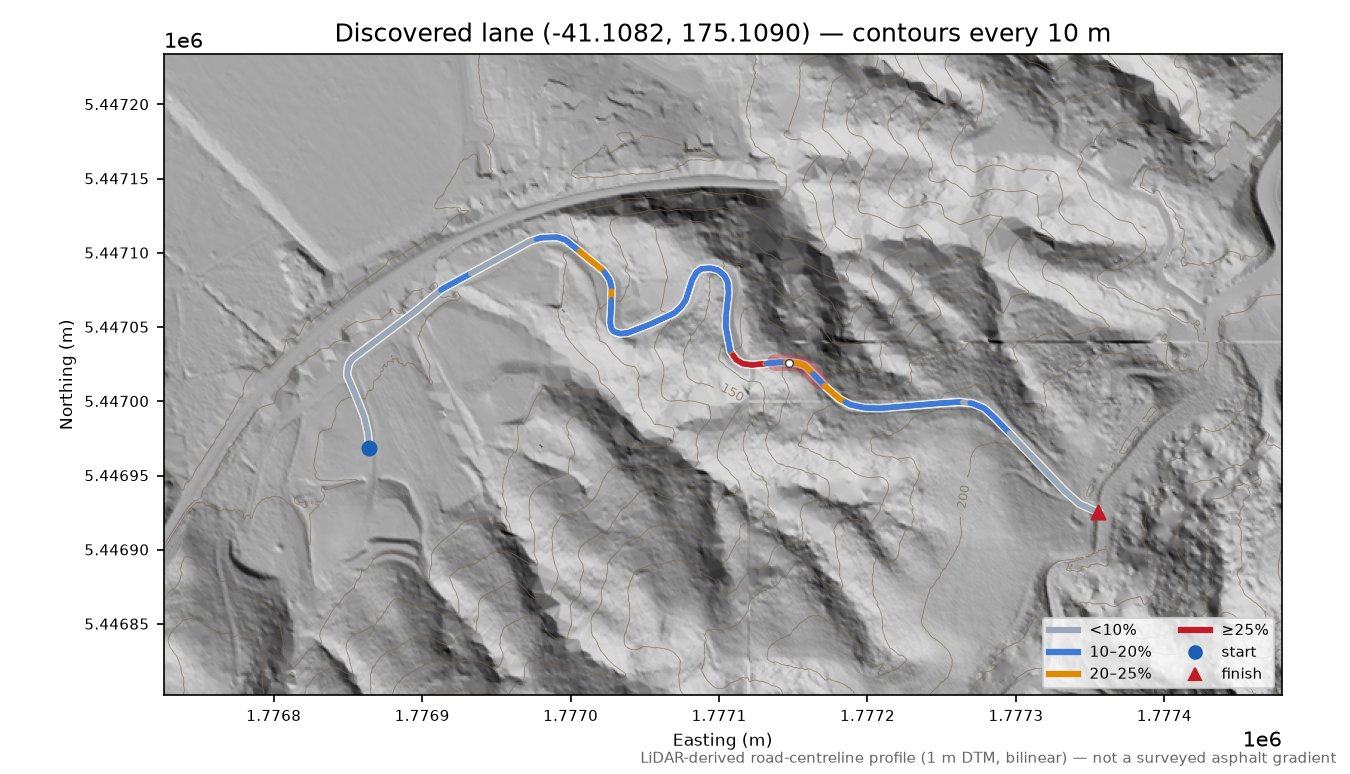 Discovered lane (-41.1082, 175.1090) LiDAR hillshade map with contours