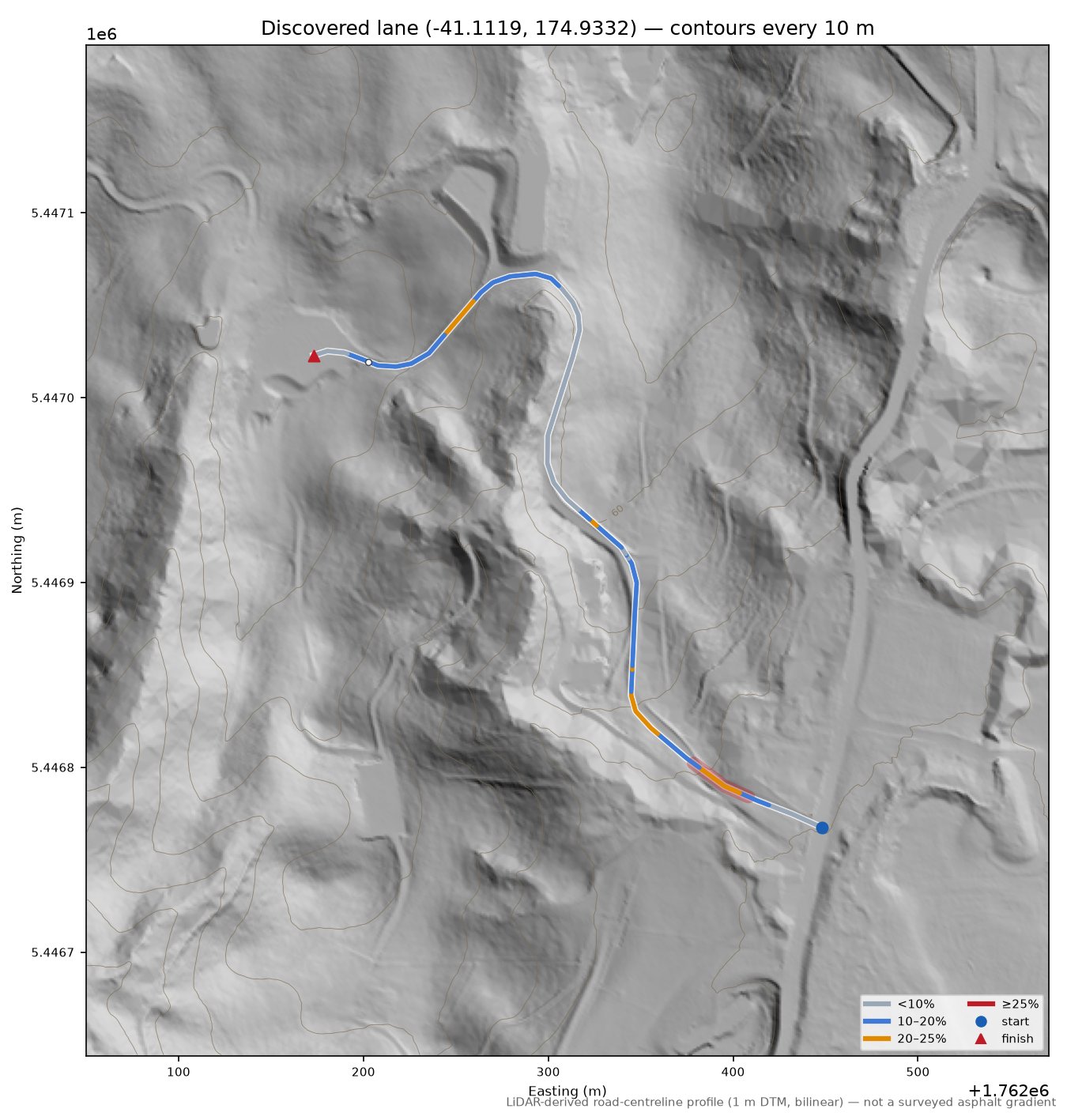 Discovered lane (-41.1119, 174.9332) LiDAR hillshade map with contours