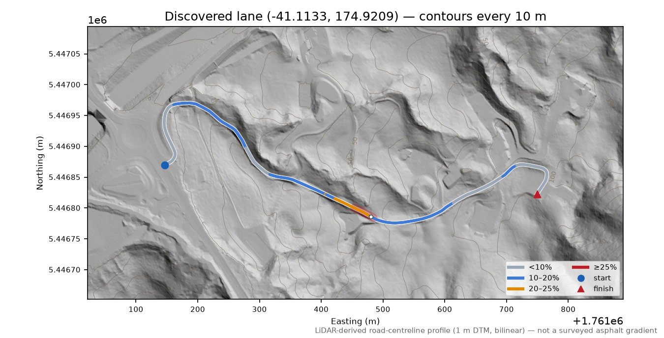 Discovered lane (-41.1133, 174.9209) LiDAR hillshade map with contours