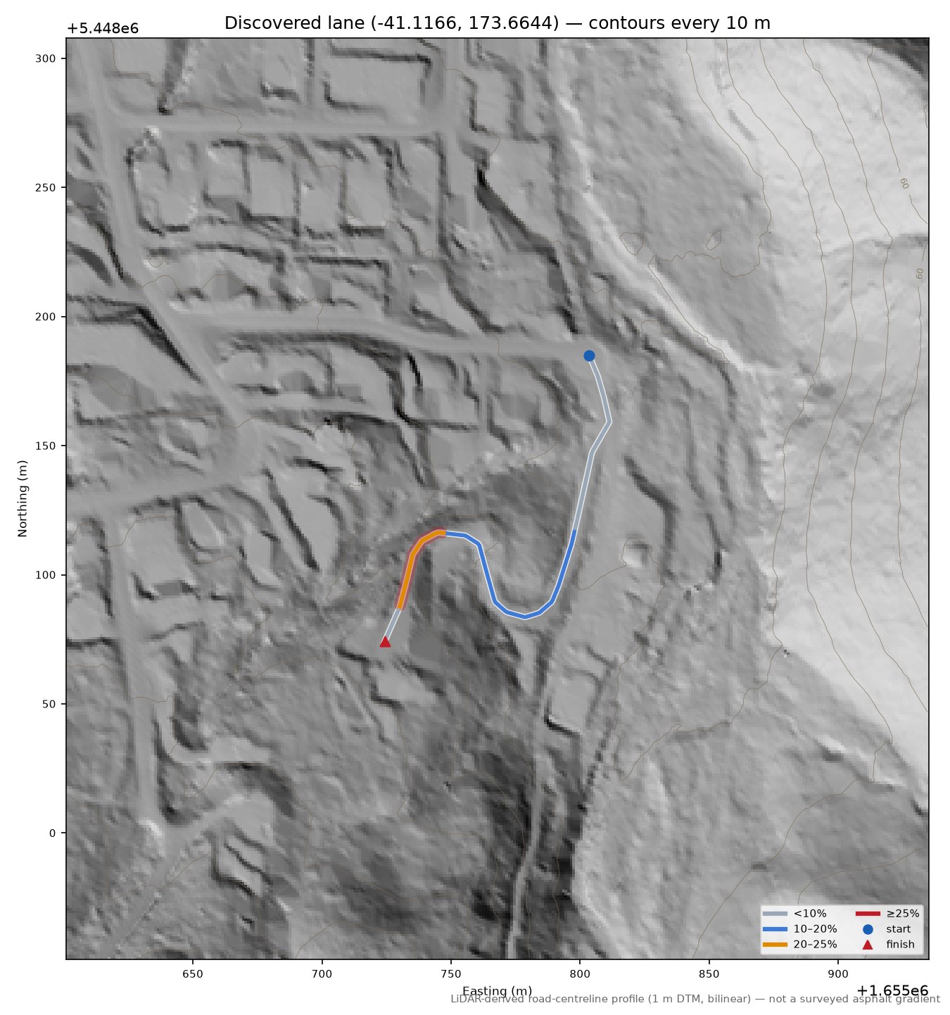 Discovered lane (-41.1166, 173.6644) LiDAR hillshade map with contours