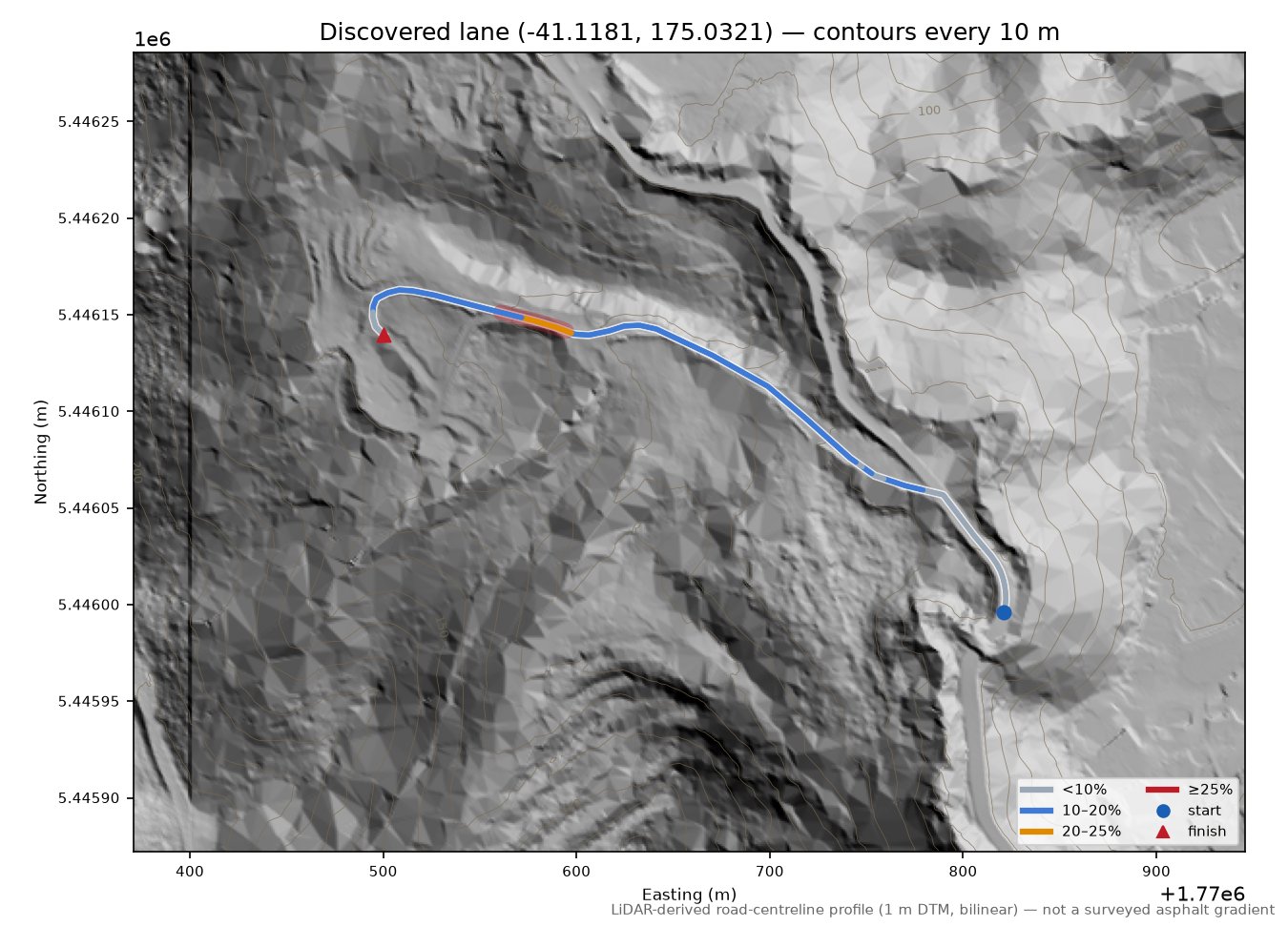Discovered lane (-41.1181, 175.0321) LiDAR hillshade map with contours