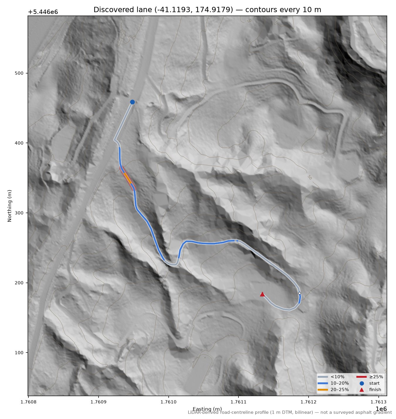 Discovered lane (-41.1193, 174.9179) LiDAR hillshade map with contours