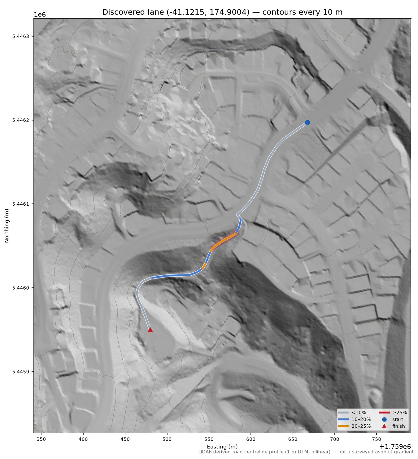 Discovered lane (-41.1215, 174.9004) LiDAR hillshade map with contours