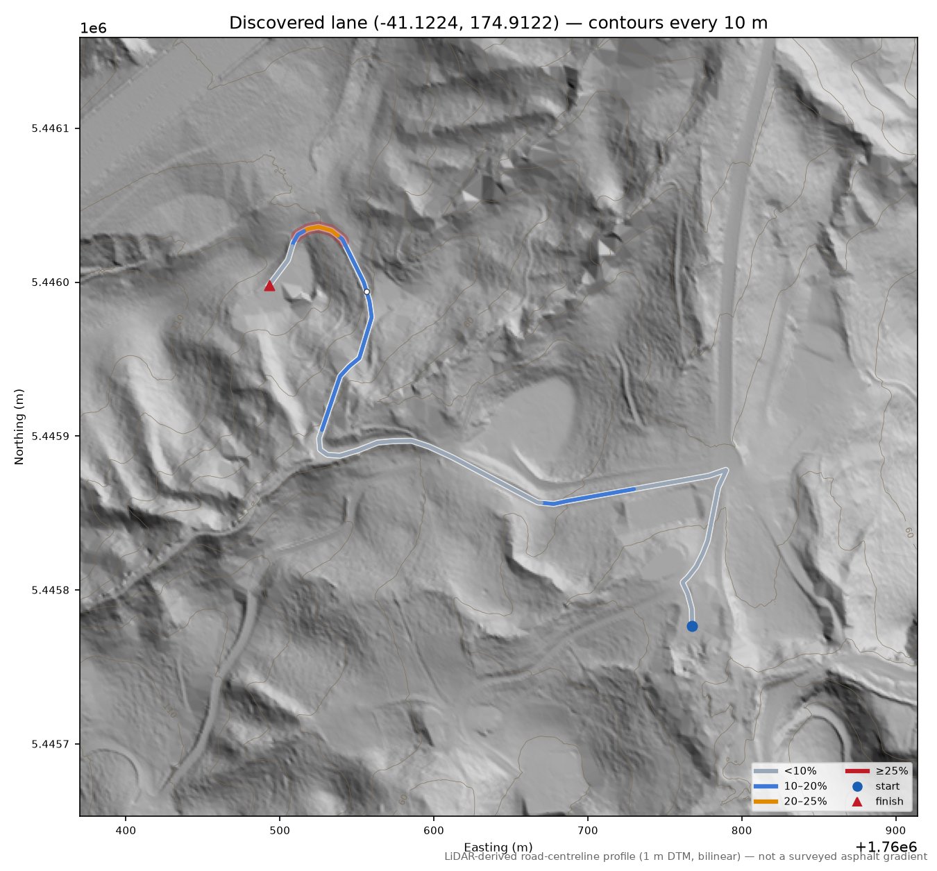 Discovered lane (-41.1224, 174.9122) LiDAR hillshade map with contours