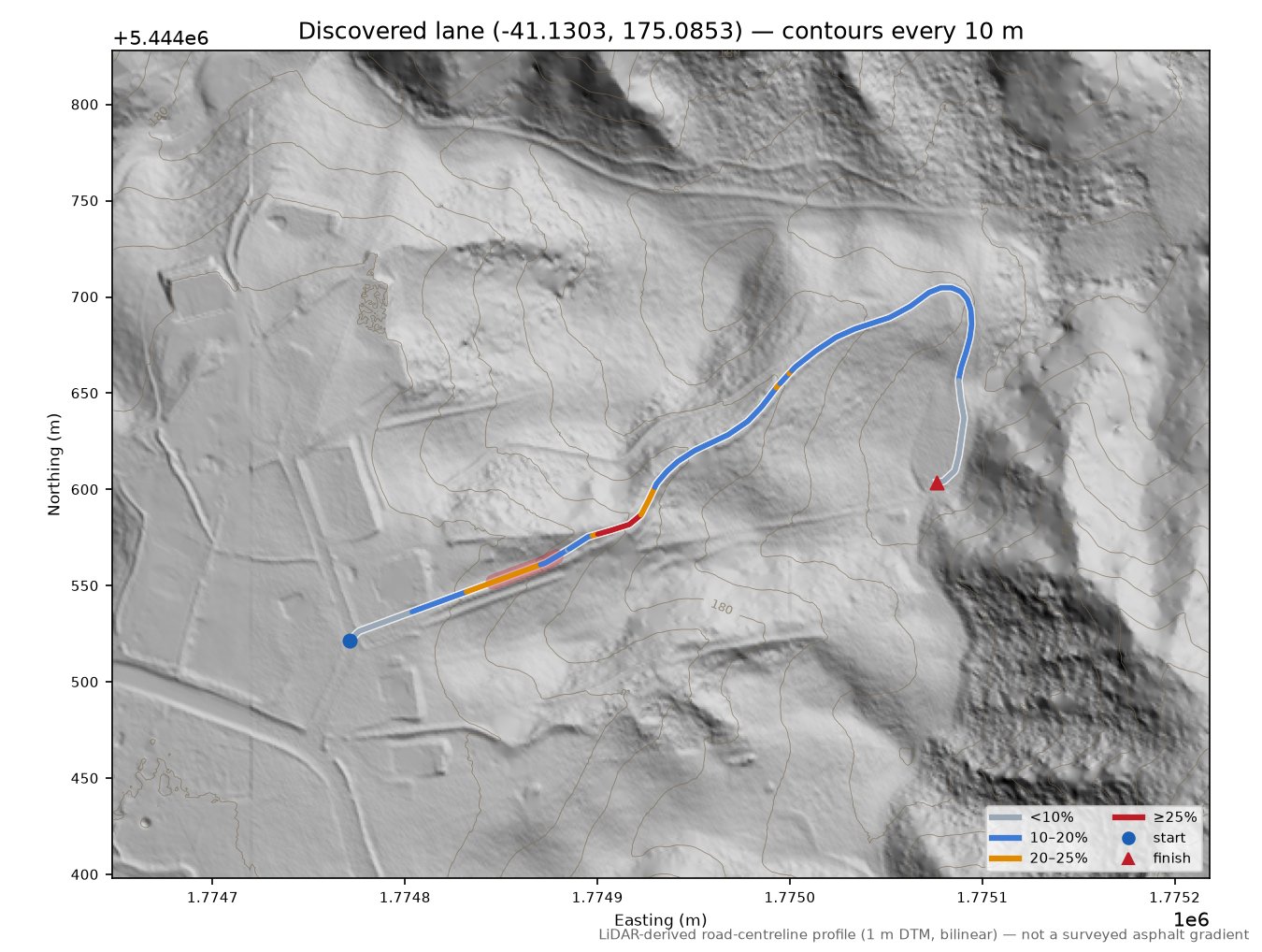 Discovered lane (-41.1303, 175.0853) LiDAR hillshade map with contours
