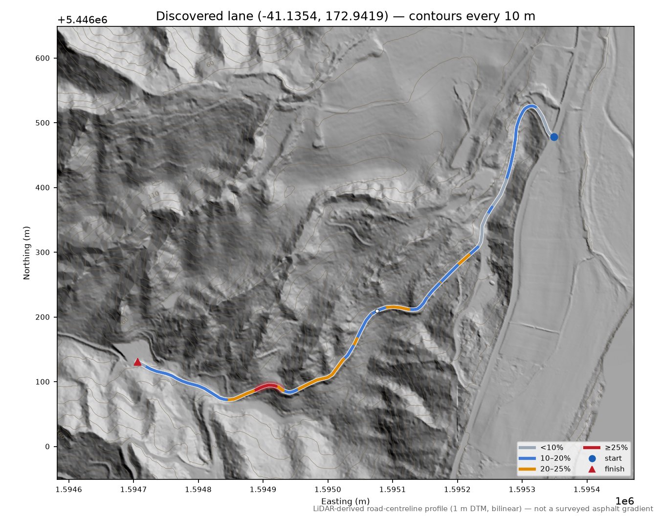 Discovered lane (-41.1354, 172.9419) LiDAR hillshade map with contours