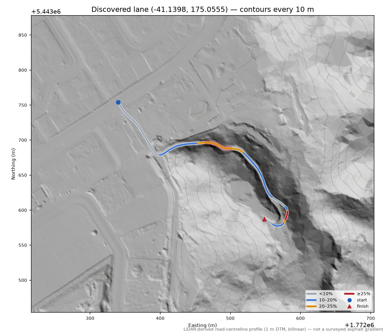 Discovered lane (-41.1398, 175.0555) LiDAR hillshade map with contours