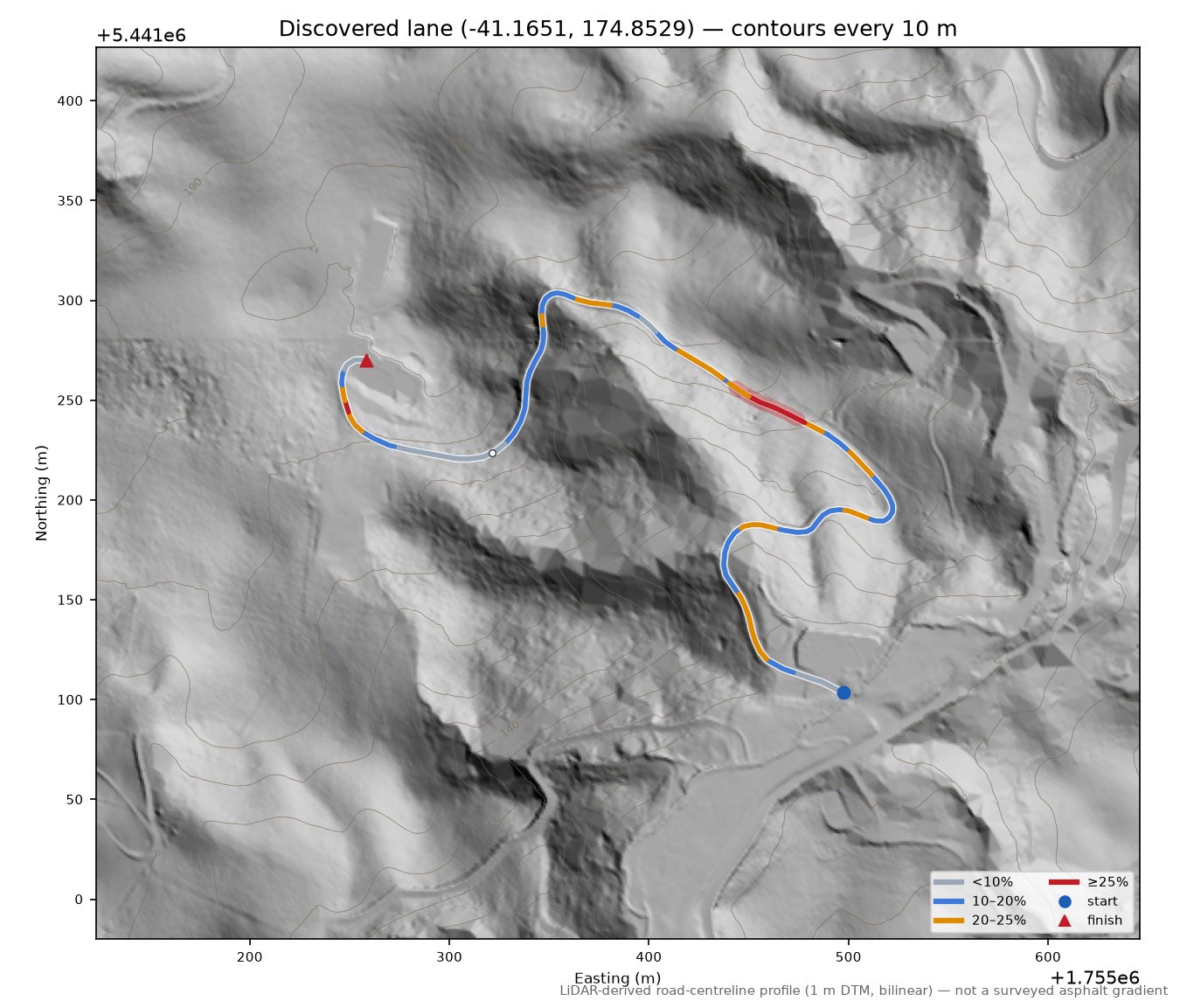 Discovered lane (-41.1651, 174.8529) LiDAR hillshade map with contours
