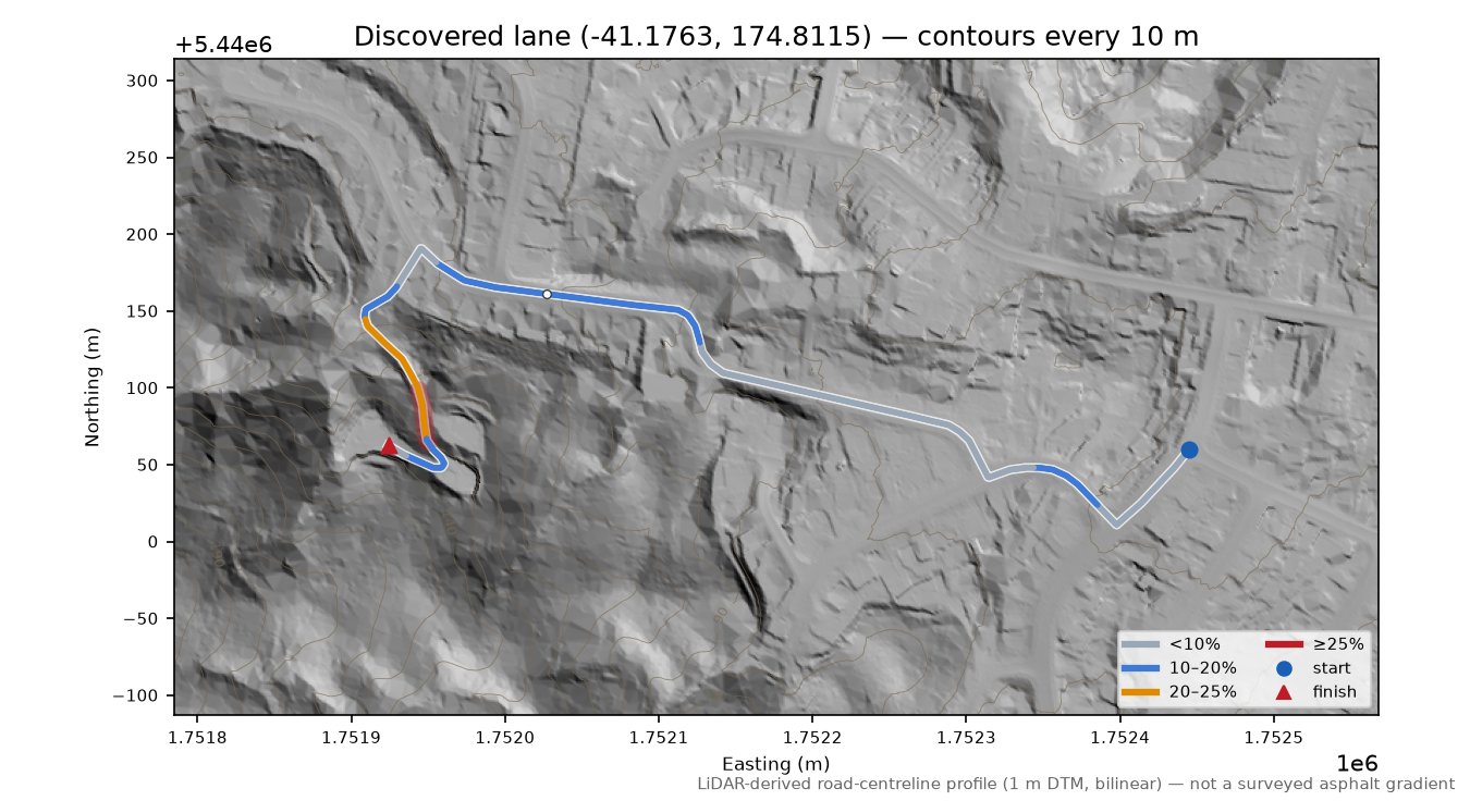 Discovered lane (-41.1763, 174.8115) LiDAR hillshade map with contours
