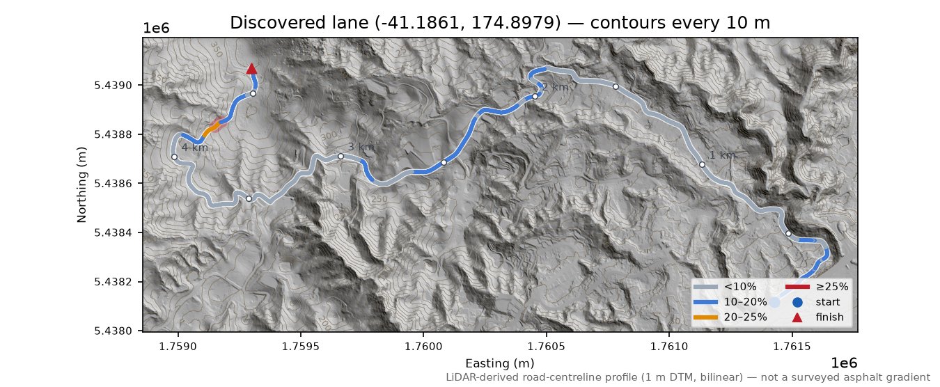 Discovered lane (-41.1861, 174.8979) LiDAR hillshade map with contours