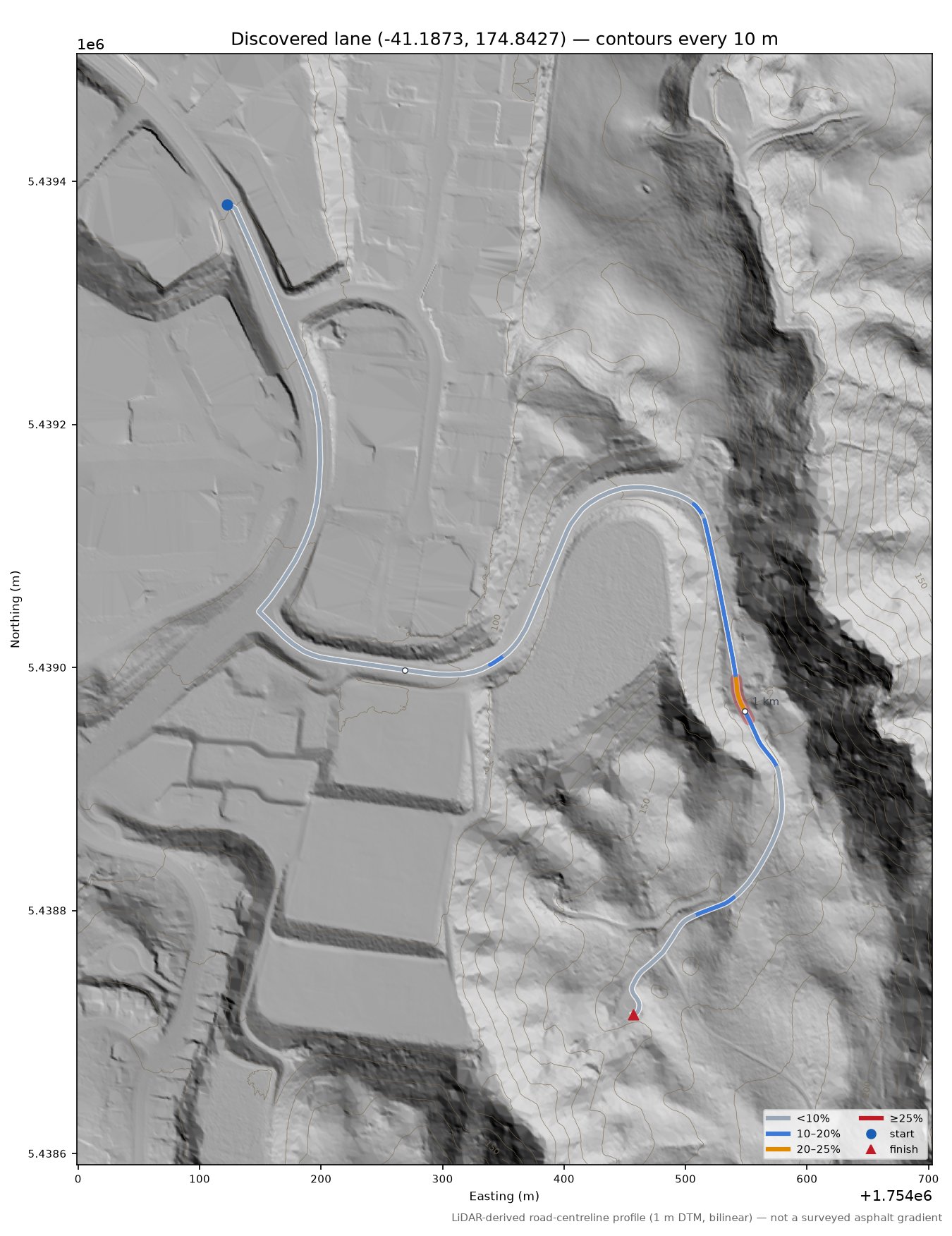 Discovered lane (-41.1873, 174.8427) LiDAR hillshade map with contours