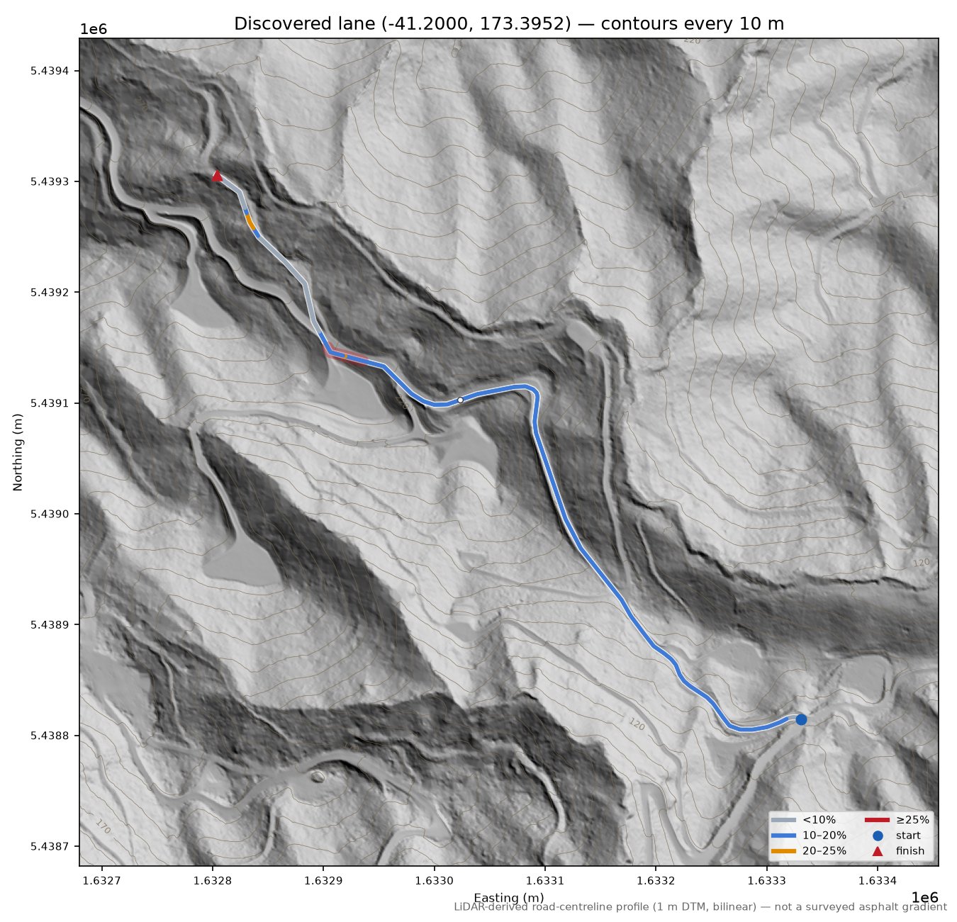 Discovered lane (-41.2000, 173.3952) LiDAR hillshade map with contours