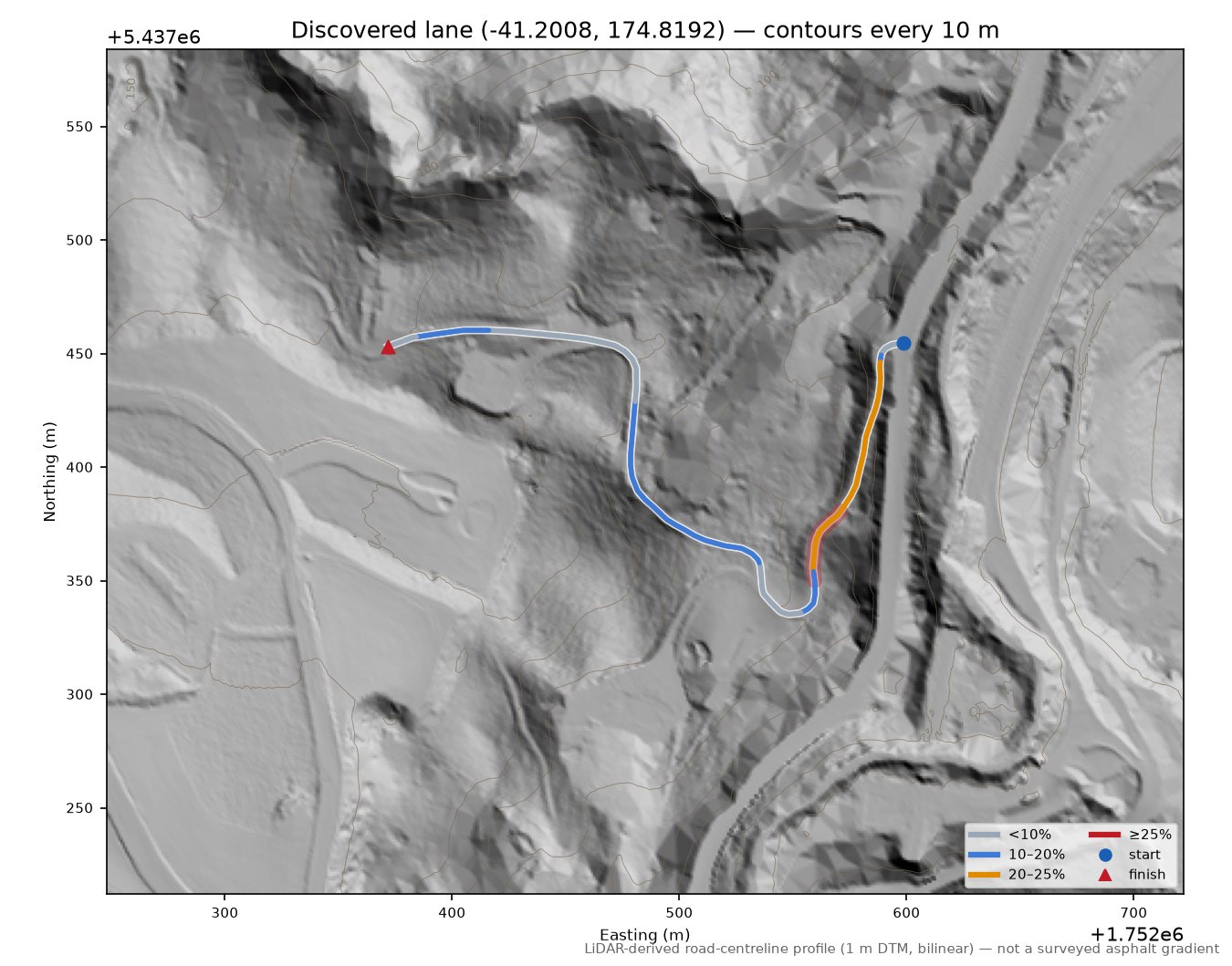 Discovered lane (-41.2008, 174.8192) LiDAR hillshade map with contours