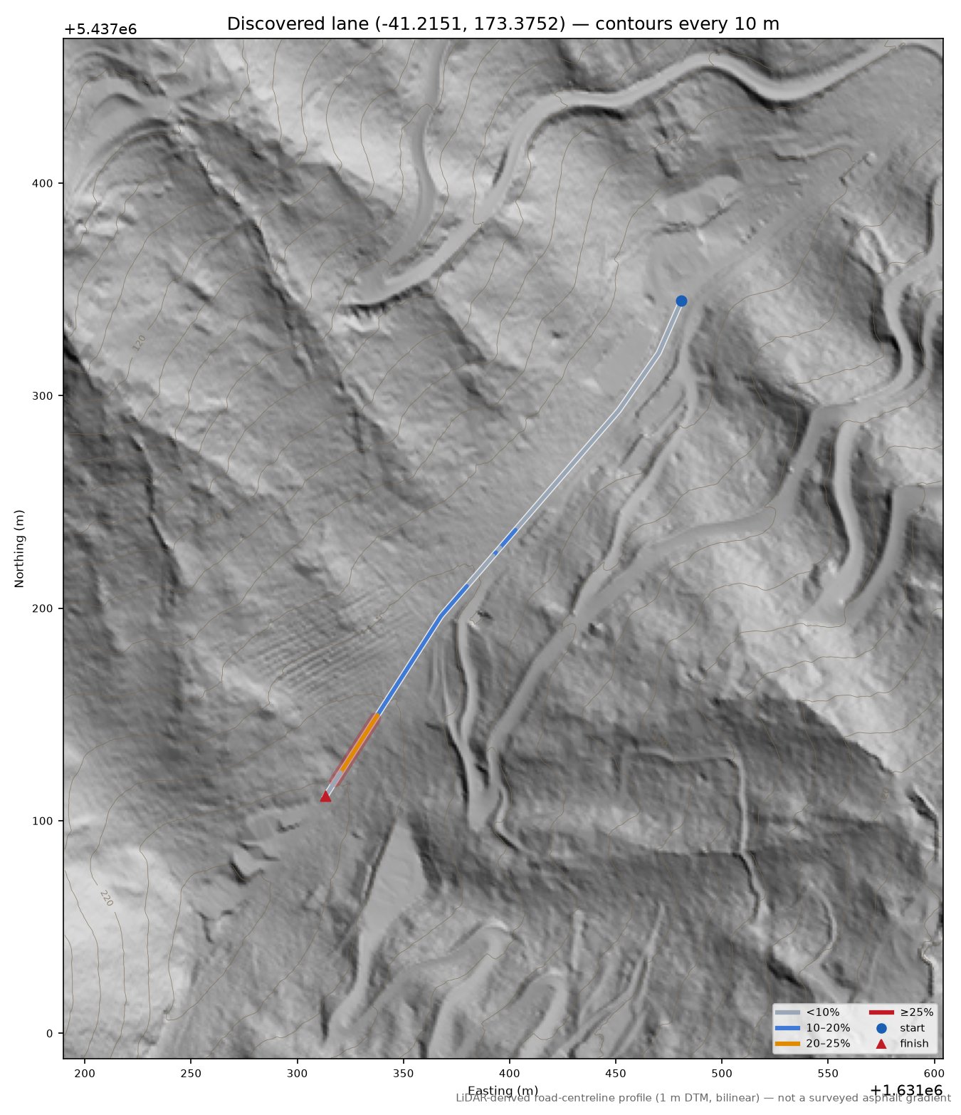 Discovered lane (-41.2151, 173.3752) LiDAR hillshade map with contours