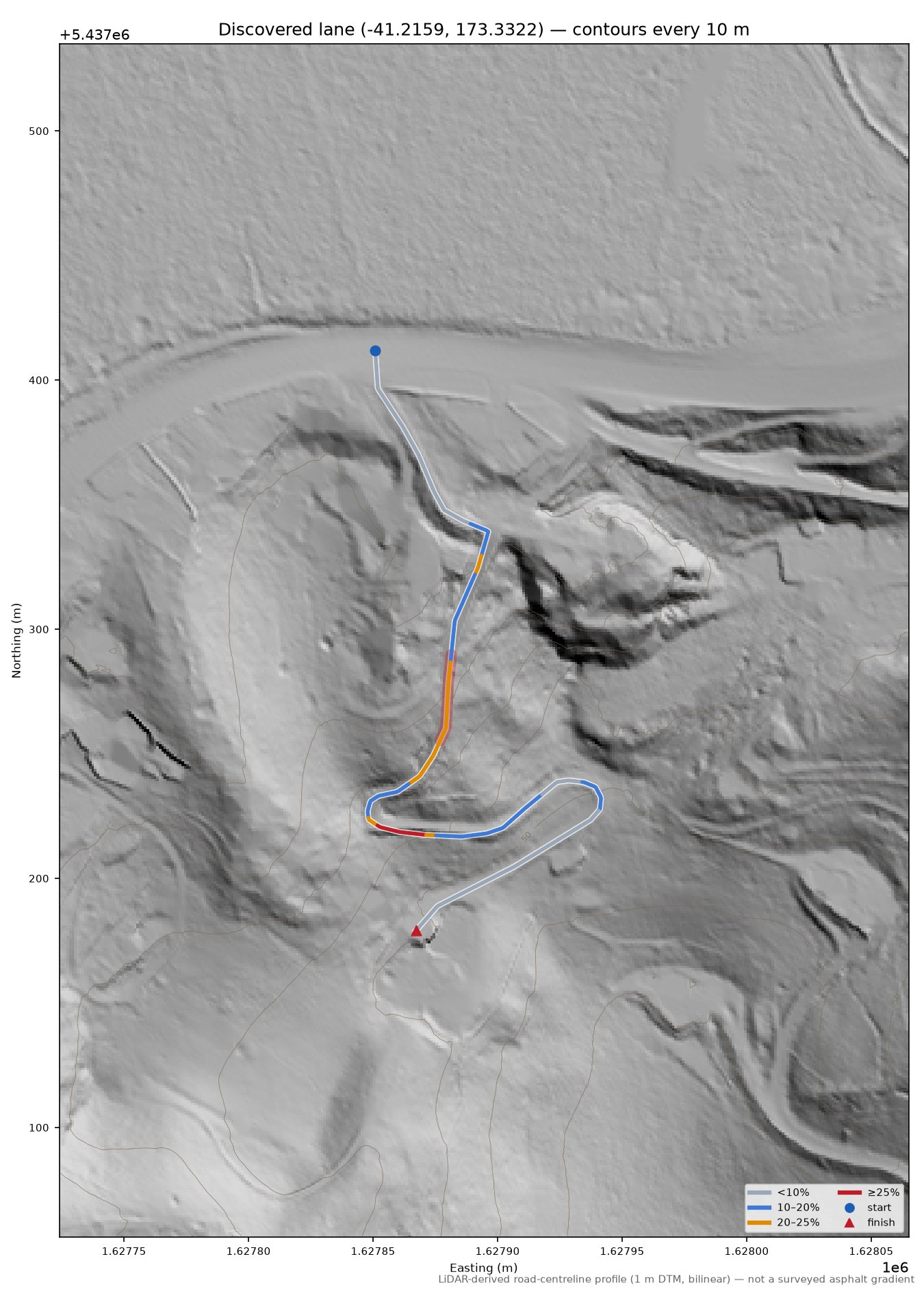 Discovered lane (-41.2159, 173.3322) LiDAR hillshade map with contours