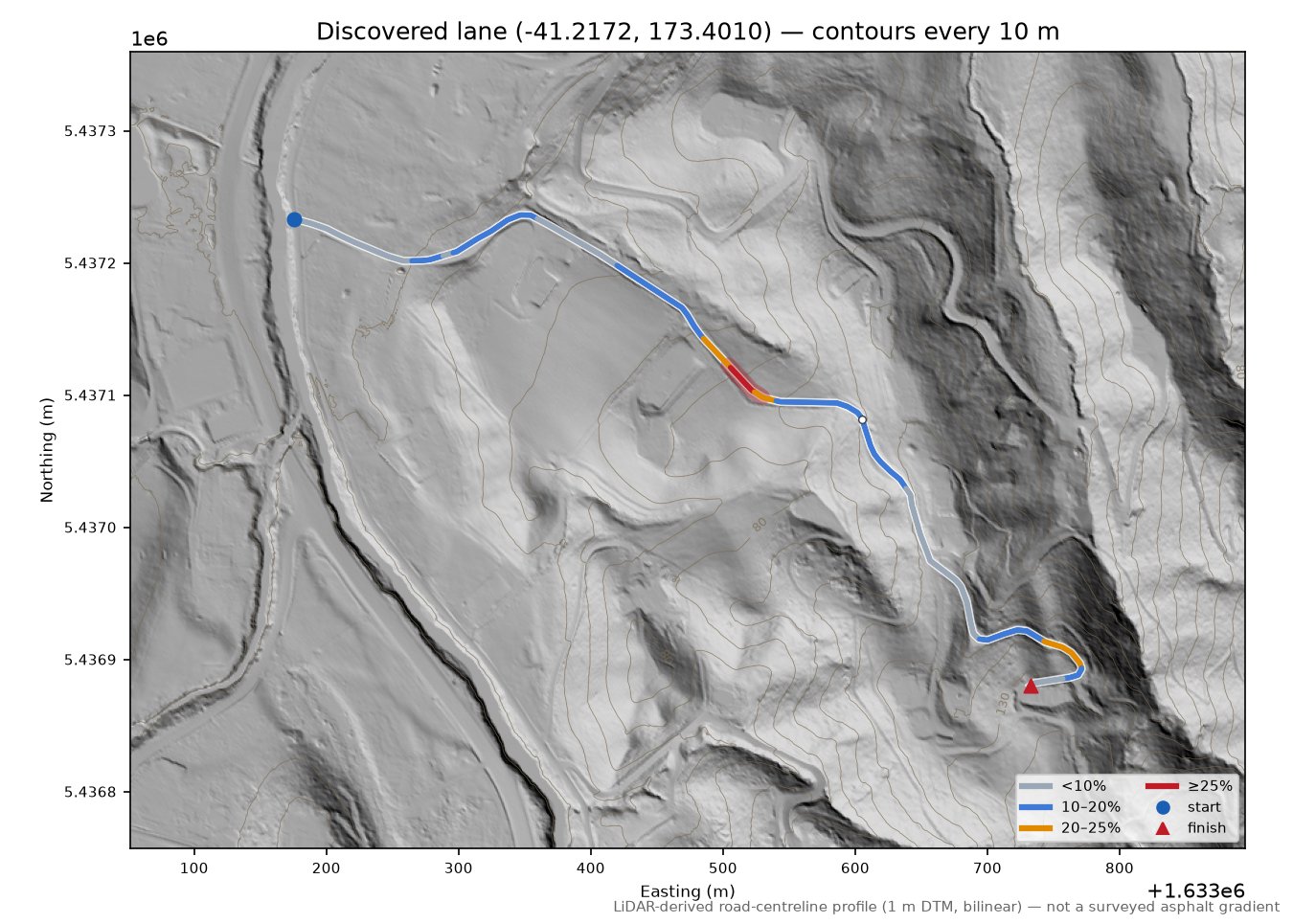 Discovered lane (-41.2172, 173.4010) LiDAR hillshade map with contours