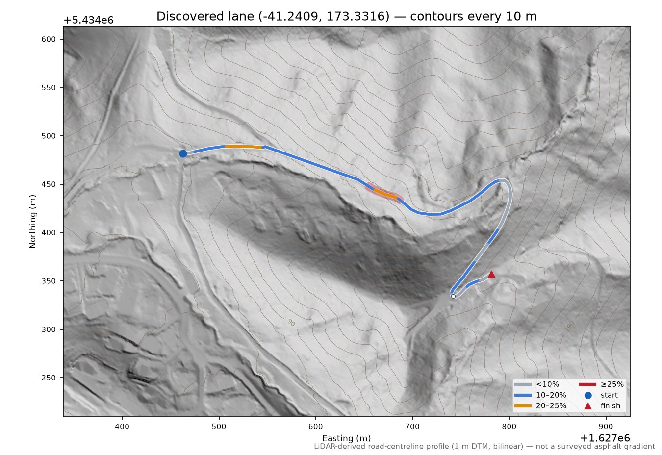 Discovered lane (-41.2409, 173.3316) LiDAR hillshade map with contours