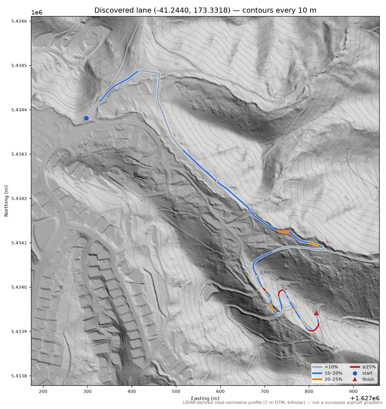 Discovered lane (-41.2440, 173.3318) LiDAR hillshade map with contours