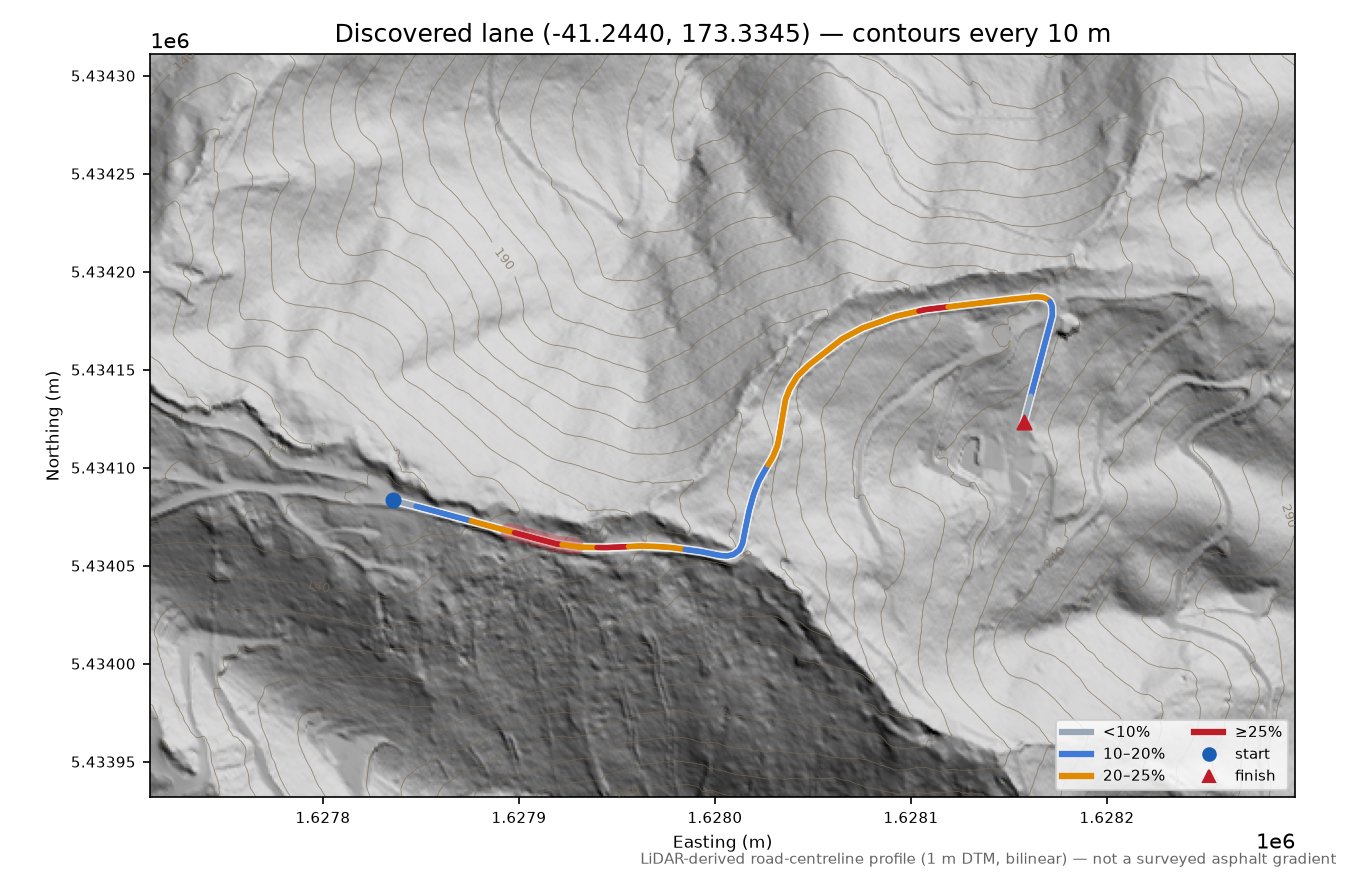 Discovered lane (-41.2440, 173.3345) LiDAR hillshade map with contours